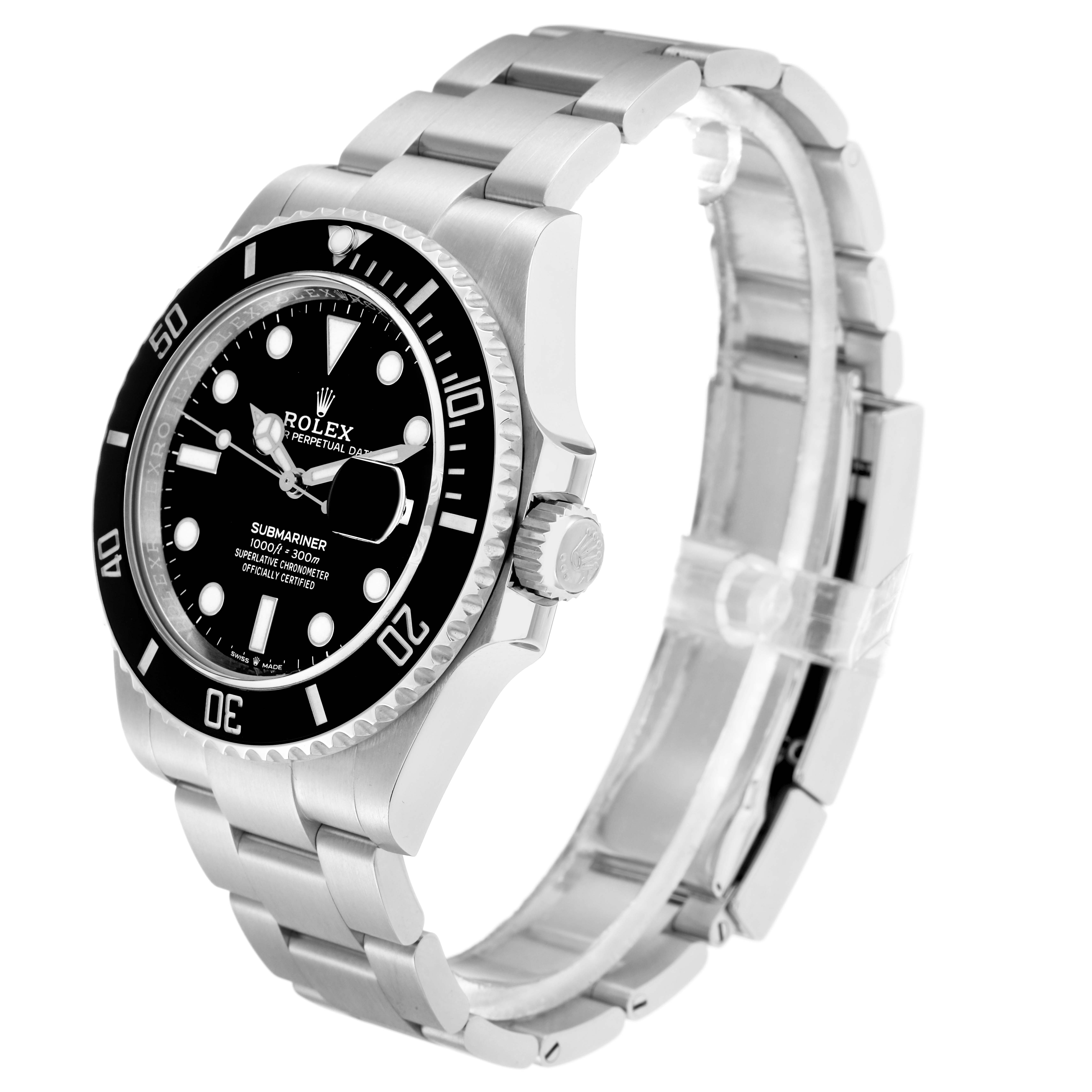 The Rolex Submariner 126610 Men
s Stainless Steel Black Dial watch is shown at a three-quarter angle, displaying the face, bezel, crown, and bracelet.