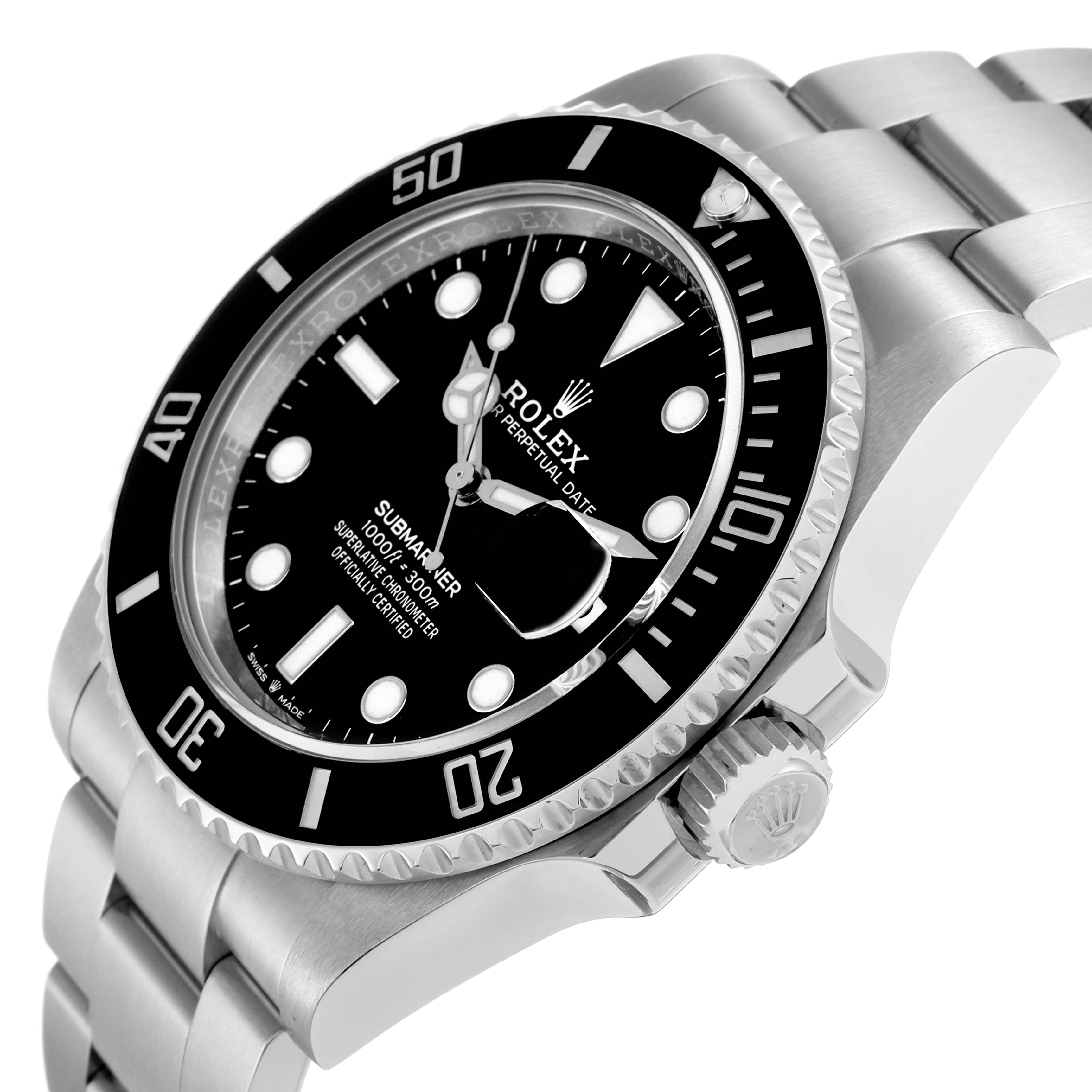 The Rolex Submariner 126610 Men
s Stainless Steel Black Dial watch is shown at an angle emphasizing the dial, bezel, and bracelet.