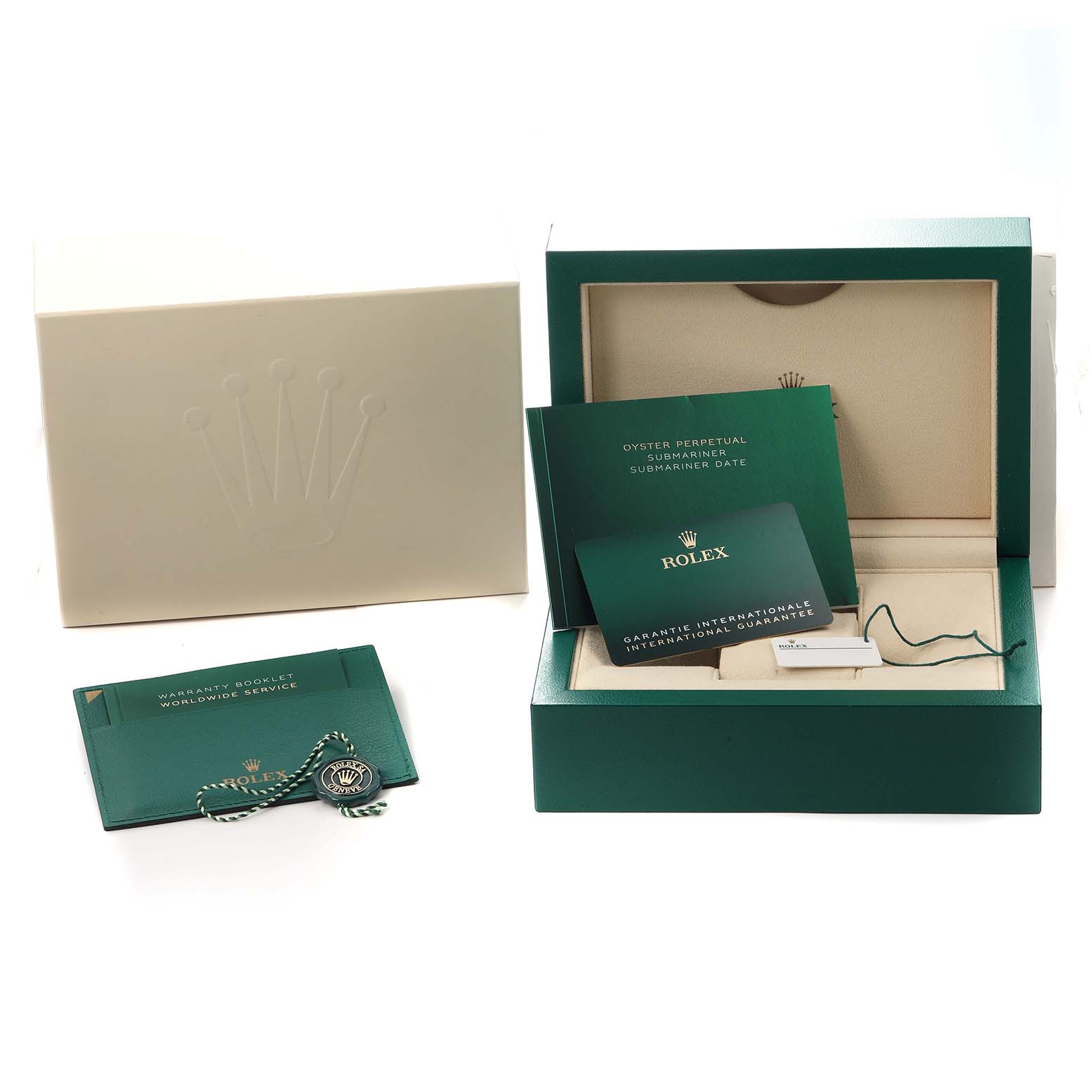The image shows Rolex Submariner 126610 Men
s Stainless Steel Black Dial packaging, including the box, warranty booklet, and tags.