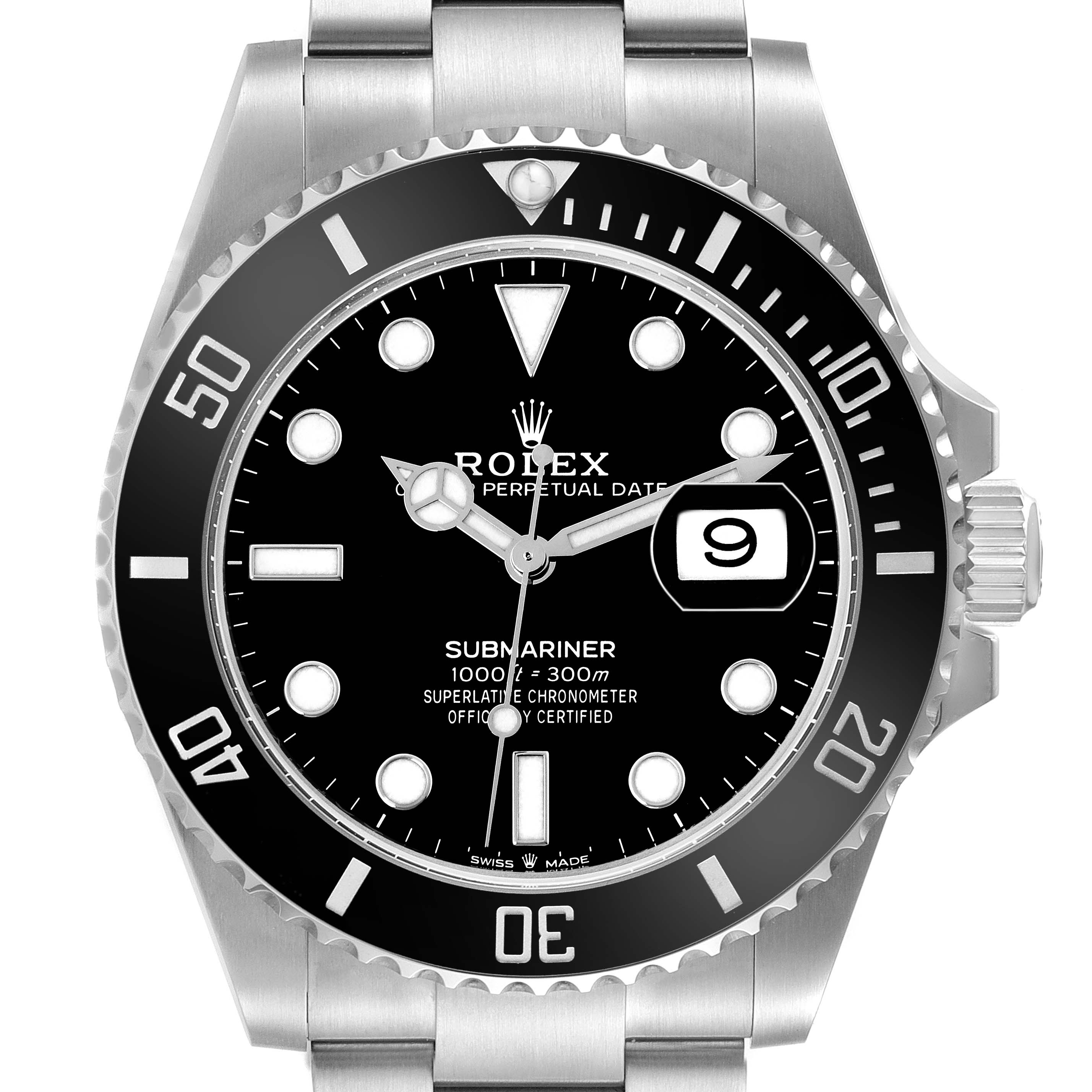The Rolex Submariner 126610 Men
s Stainless Steel Black Dial watch is shown from the front, highlighting its dial, bezel, date window, and part of the bracelet.