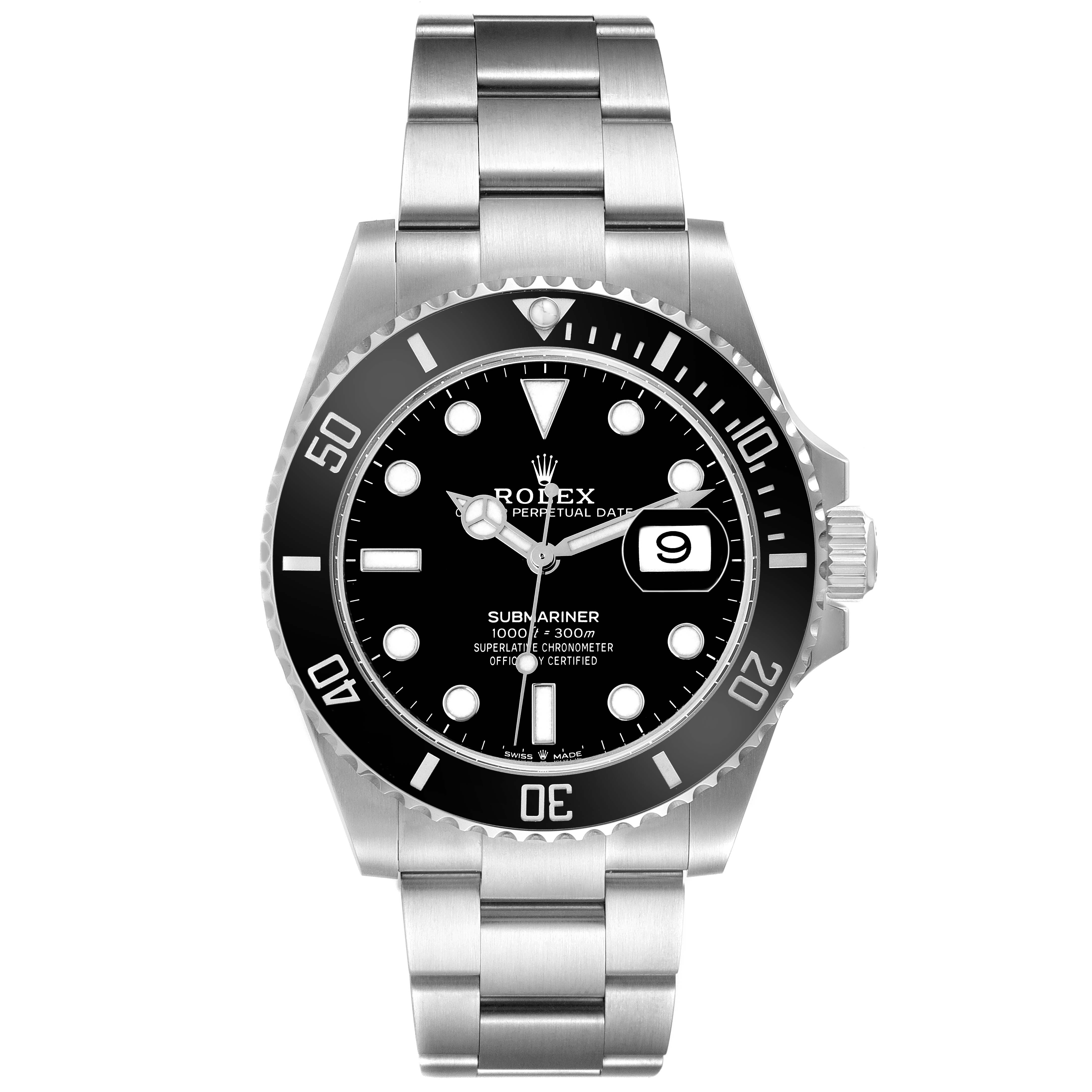 The Rolex Submariner 126610 Men
s Stainless Steel Black Dial watch is shown from the front, highlighting the dial, bezel, bracelet, and cyclops lens over the date.