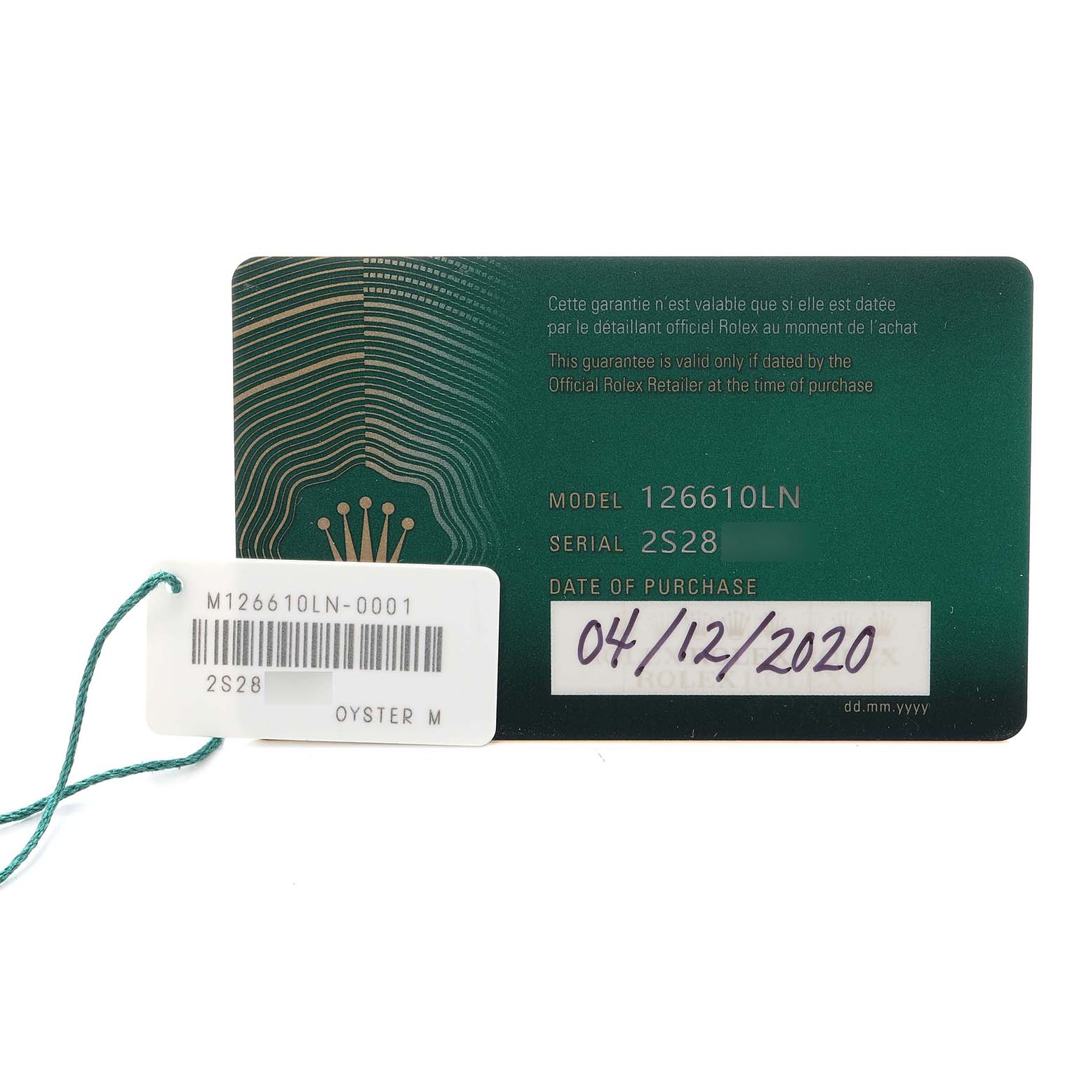 The image displays a Rolex Submariner 126610 Men
s Stainless Steel Black Dial model 126610LN warranty card and an attached tag.