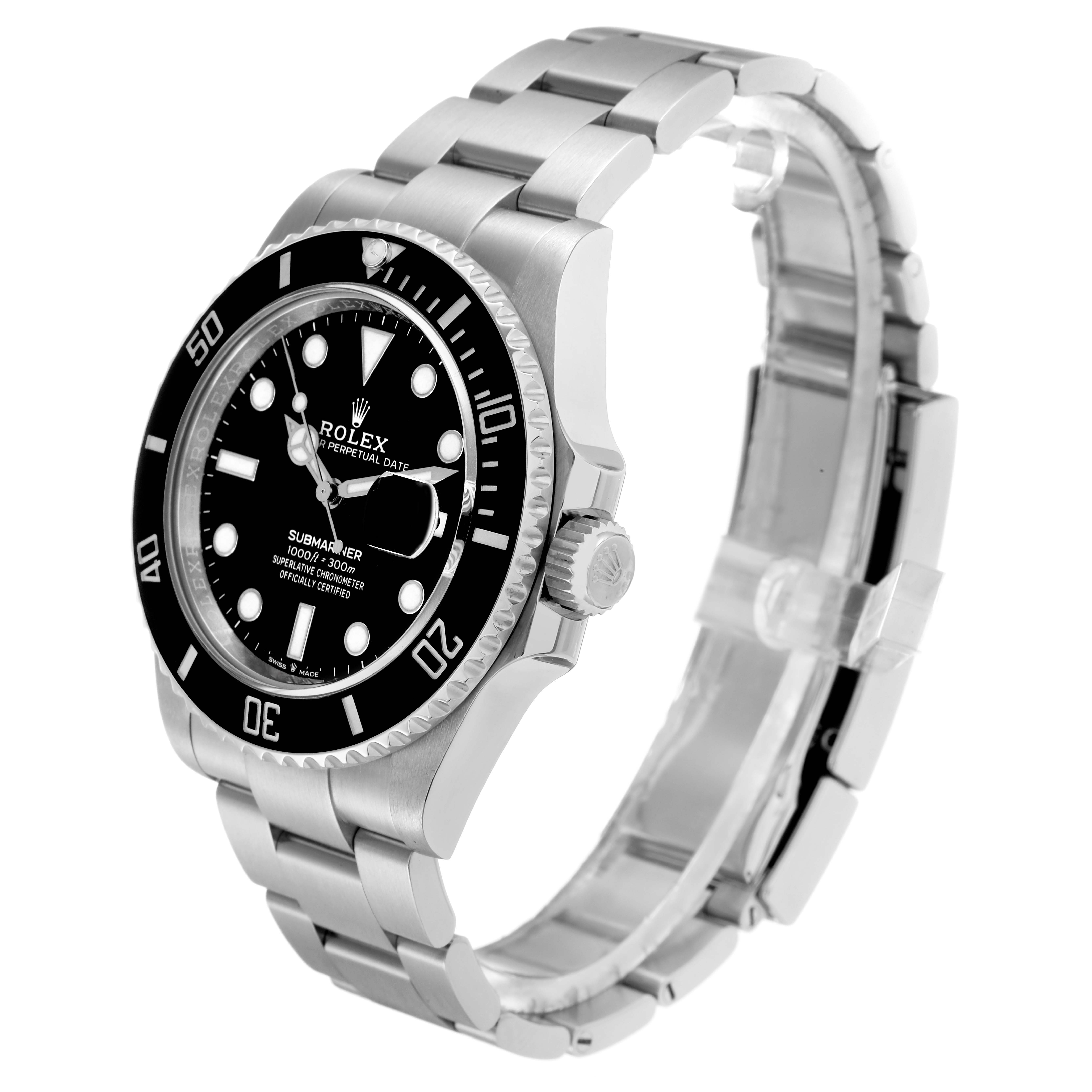 The Rolex Submariner 126610 Men
s Stainless Steel Black Dial watch is shown at a three-quarter angle, highlighting the dial, bezel, and bracelet.