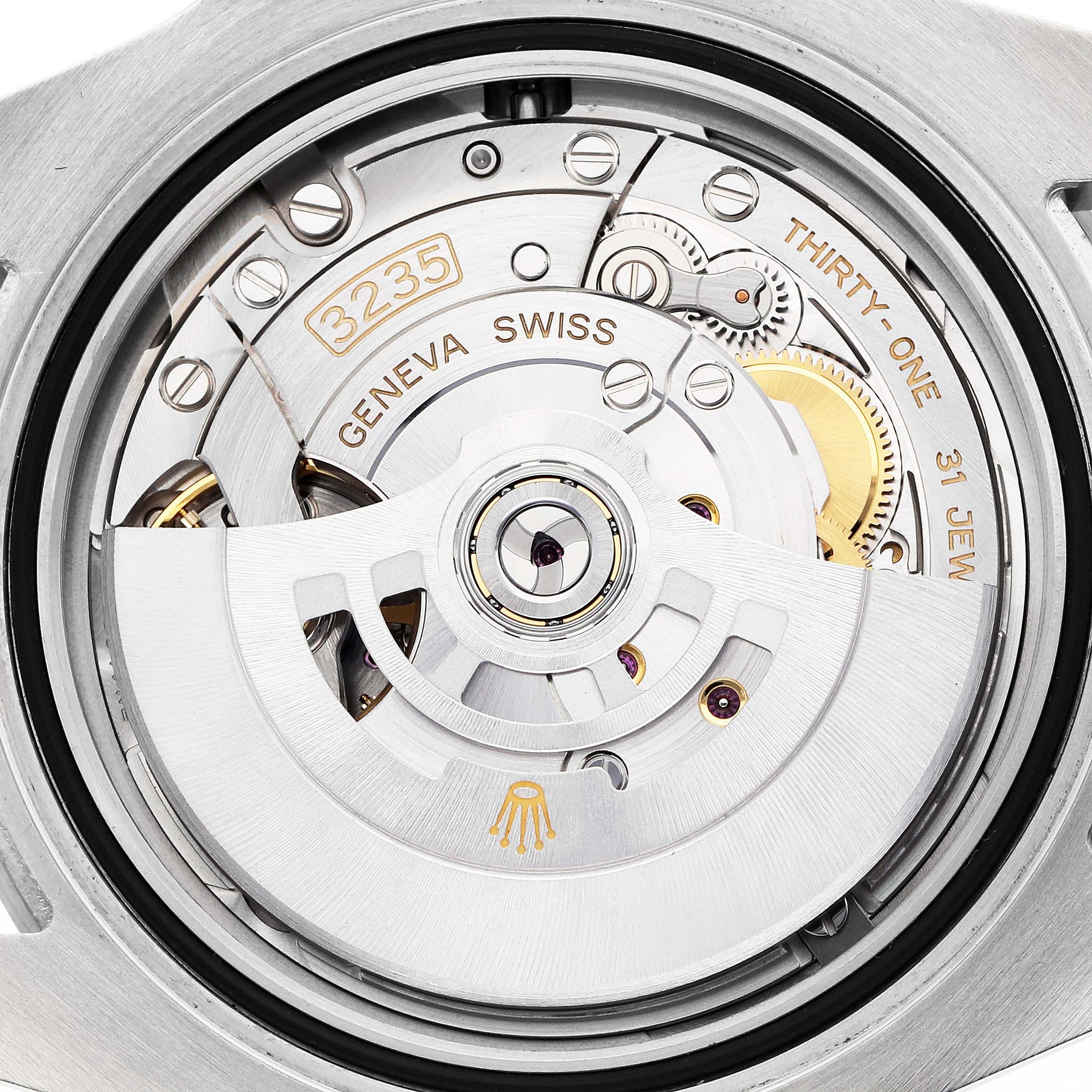 The image shows a close-up of the Rolex Submariner 126610 Men
s Stainless Steel Black Dial
s movement, highlighting the rotor and intricate internal components.