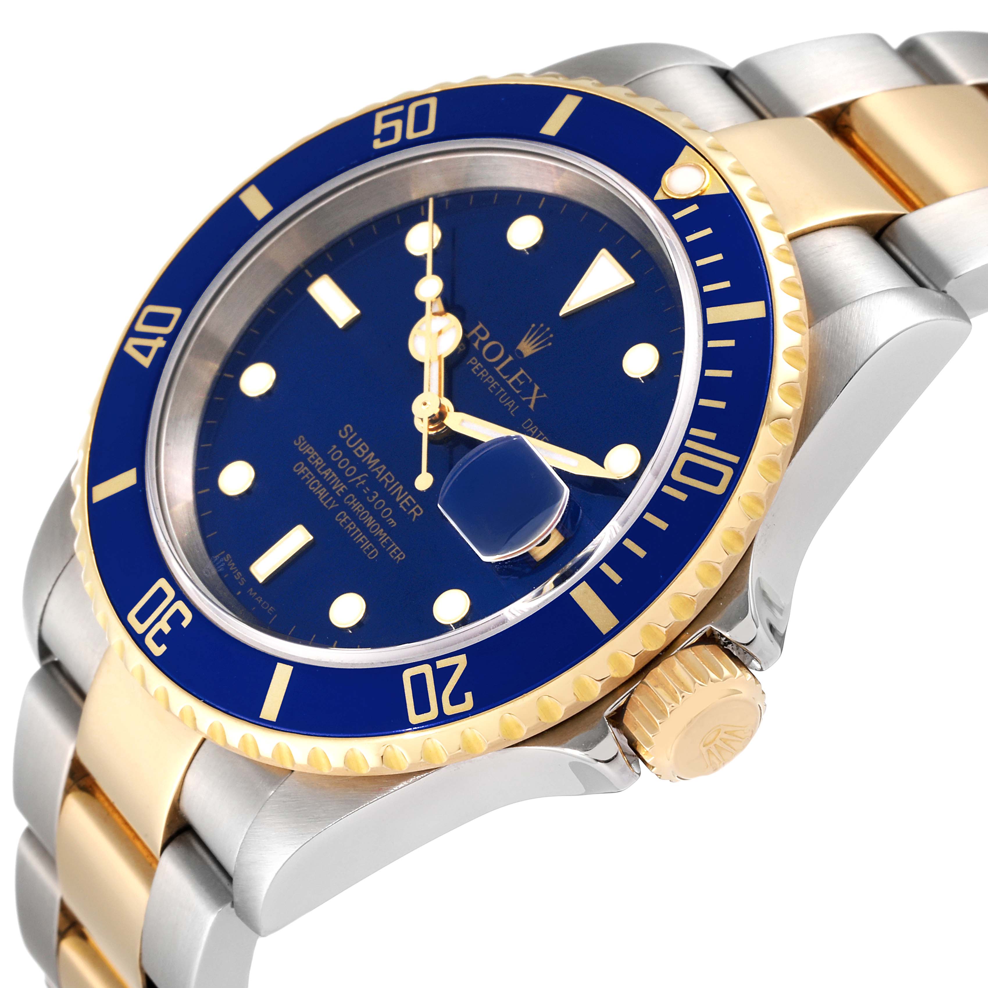 This image shows a side angle of a Rolex Submariner 16613 Men
s Steel and Gold (two tone) Blue Dial 16613 Men
s Steel and Gold (two tone) Blue Dial watch, highlighting the dial, bezel, and bracelet.