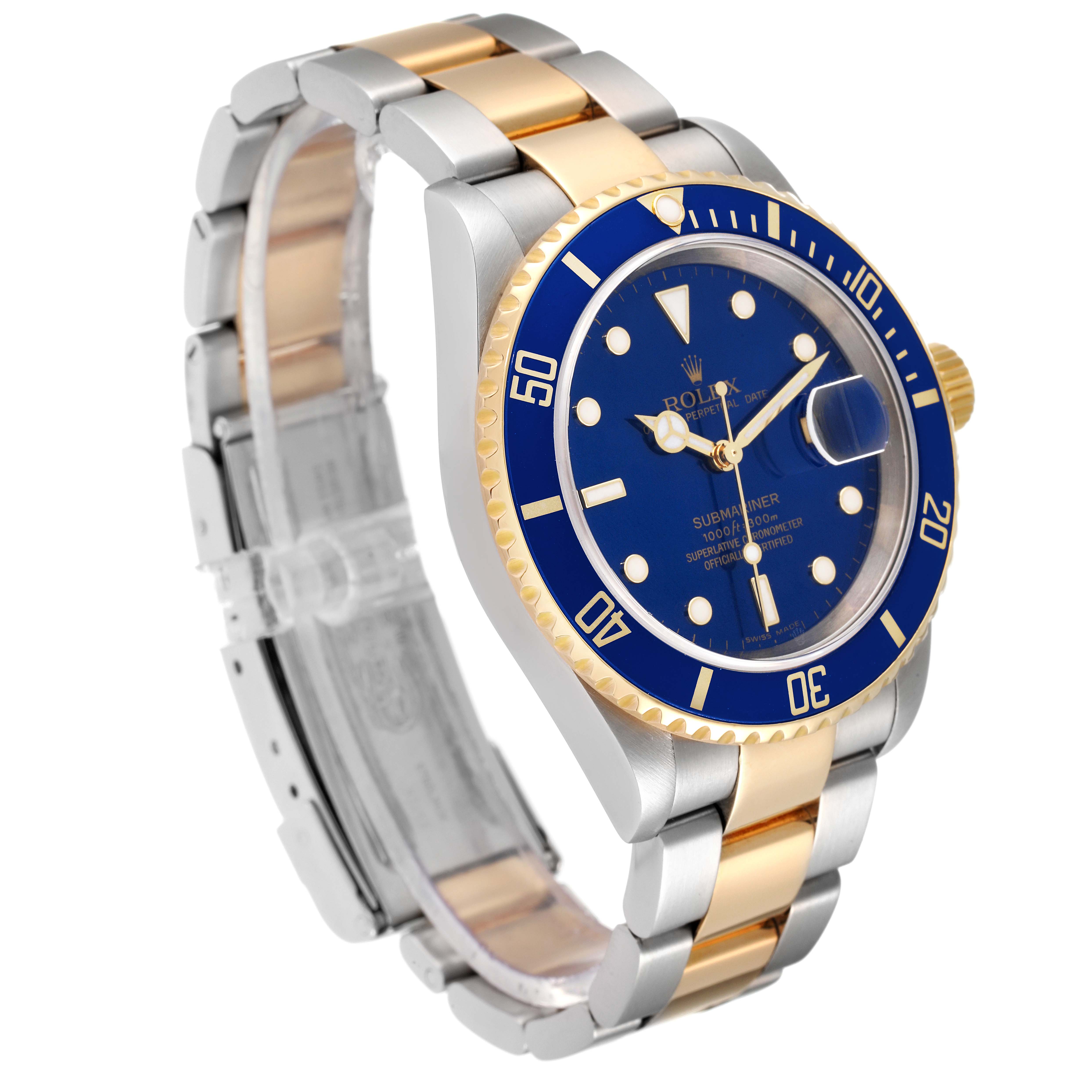 The image shows a Rolex Submariner 16613 Men
s Steel and Gold (two tone) Blue Dial 16613 Men
s Steel and Gold (two tone) Blue Dial watch at an angle displaying the side profile and face, featuring a blue dial and two-tone bracelet.