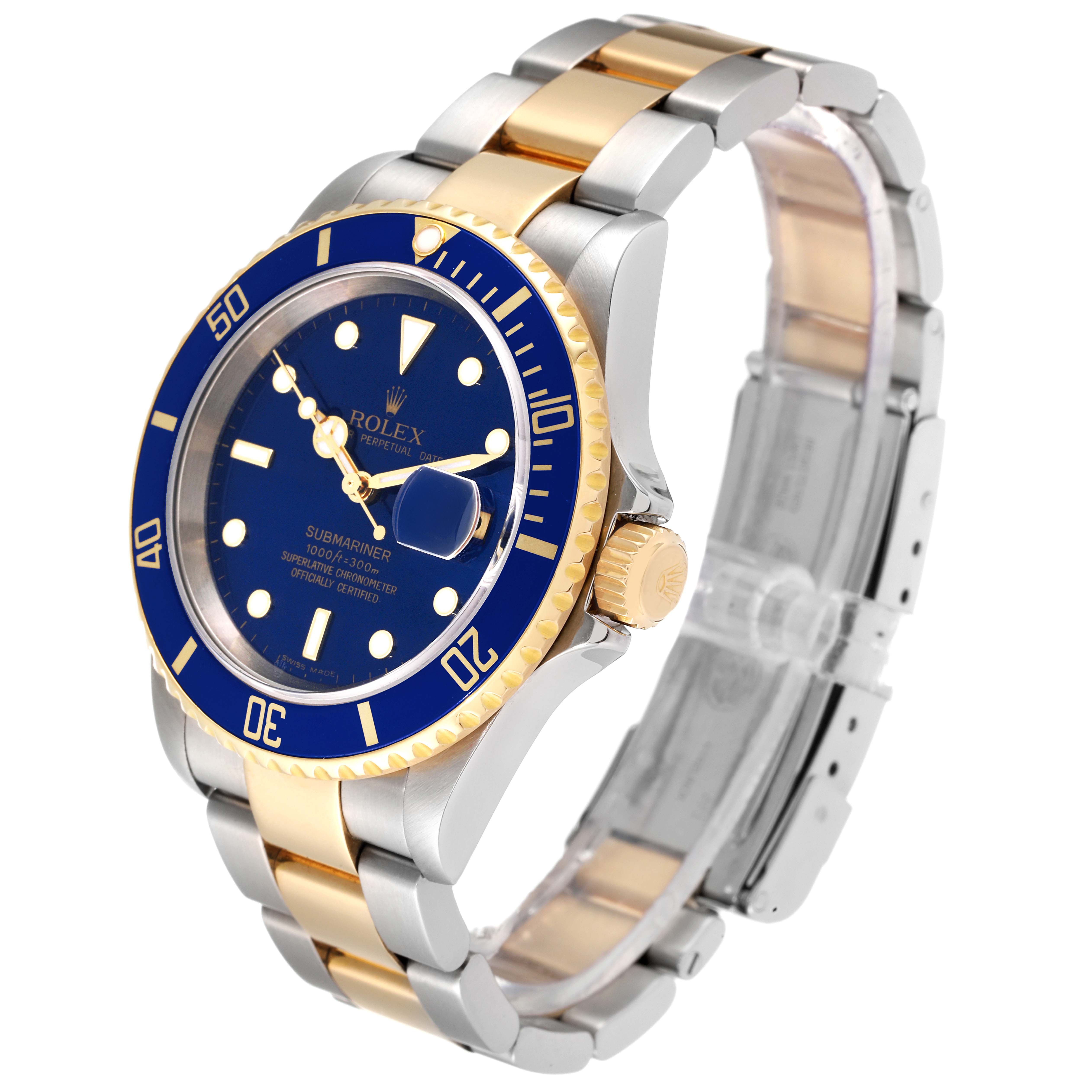 The image shows a Rolex Submariner 16613 Men
s Steel and Gold (two tone) Blue Dial 16613 Men
s Steel and Gold (two tone) Blue Dial watch at a three-quarter angle, highlighting the blue dial, bezel, and two-tone bracelet.