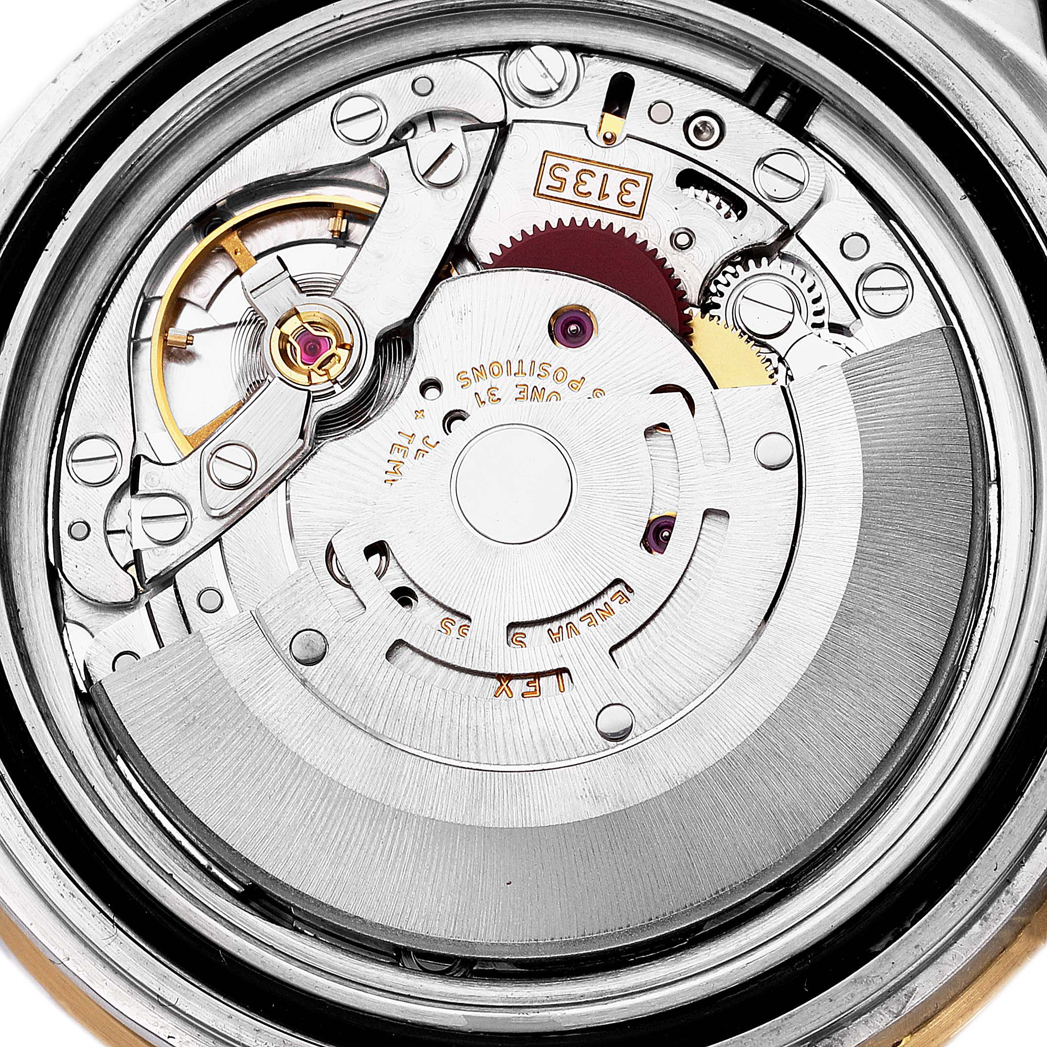 This image shows the movement mechanism of a Rolex Submariner 16613 Men
s Steel and Gold (two tone) Blue Dial 16613 Men
s Steel and Gold (two tone) Blue Dial watch, viewed from the back.