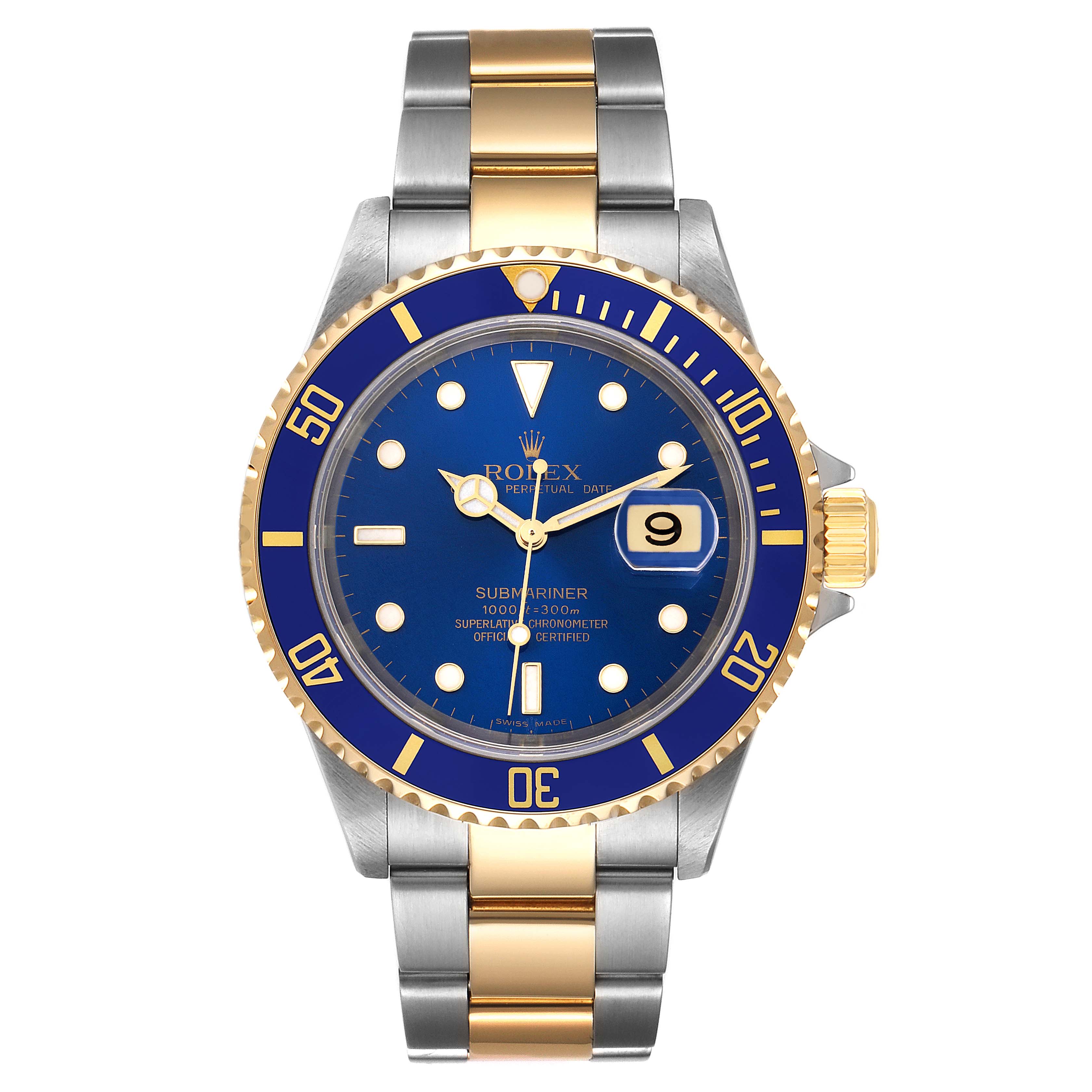 The image shows a front view of the Rolex Submariner 16613 Men
s Steel and Gold (two tone) Blue Dial 16613 Men
s Steel and Gold (two tone) Blue Dial watch, highlighting its blue dial, two-tone bracelet, and the date indicator.