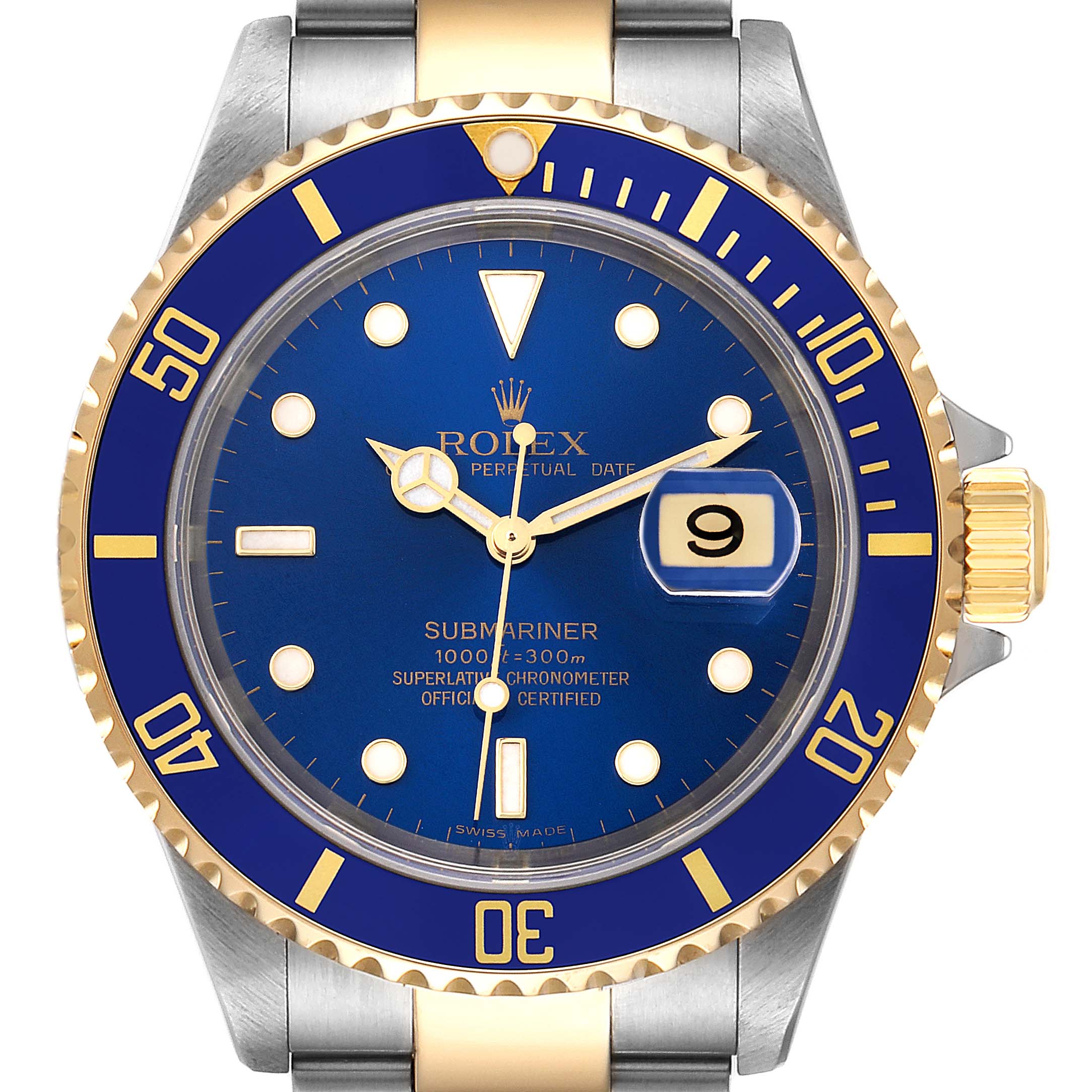 The image shows a front view of the Rolex Submariner 16613 Men
s Steel and Gold (two tone) Blue Dial 16613 Men
s Steel and Gold (two tone) Blue Dial watch, highlighting the blue dial, gold accents, and date window.