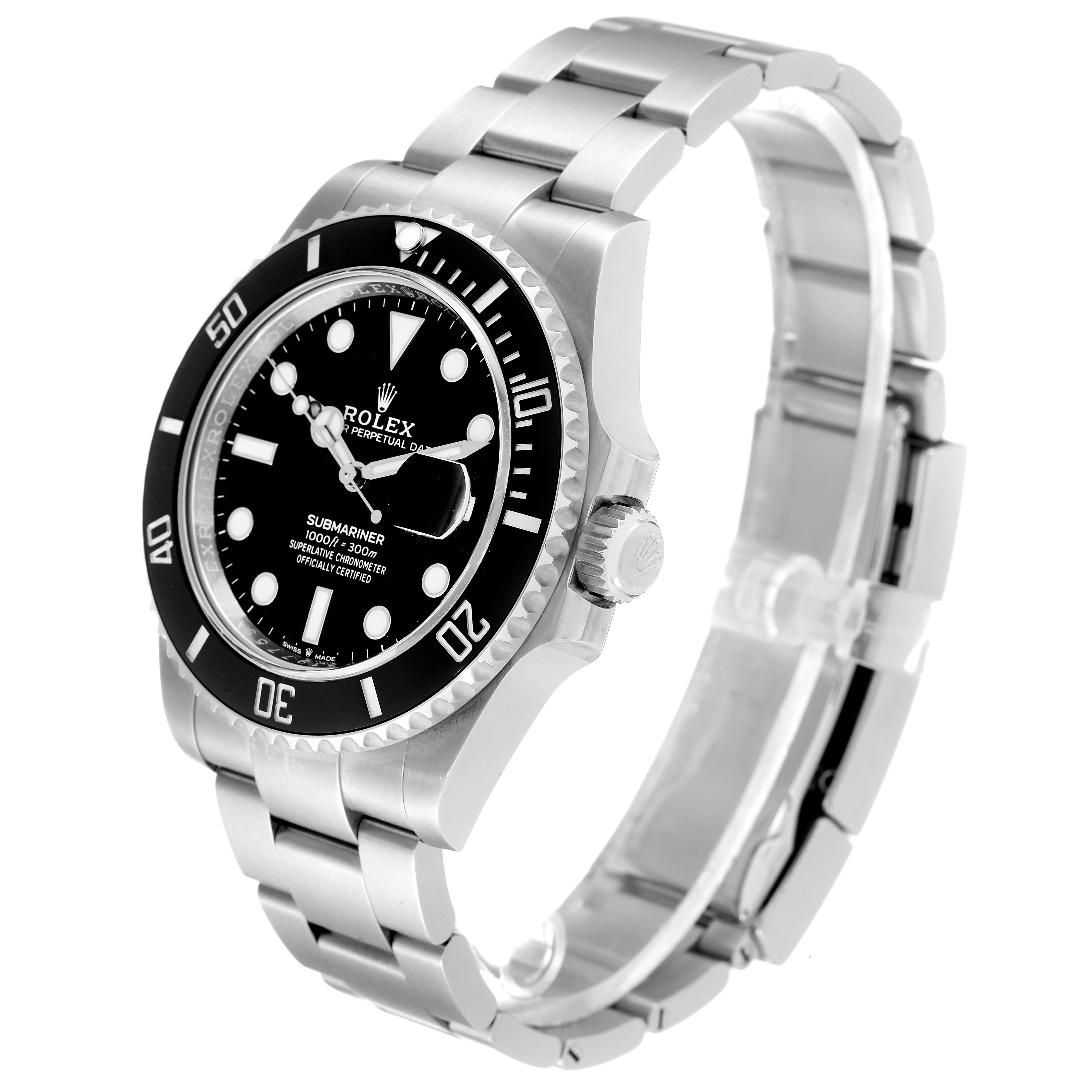 The image shows a Rolex Submariner 126610 Men
s Stainless Steel Black Dial 126610 Men
s Stainless Steel Black Dial watch at a three-quarter angle, highlighting its dial, bezel, and bracelet.