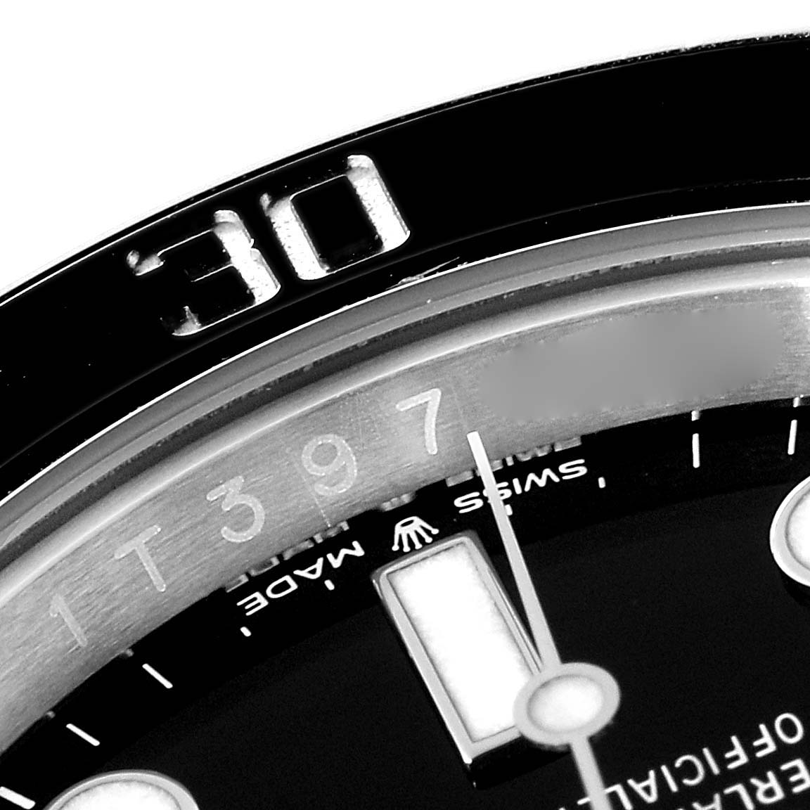 This close-up angle of the Rolex Submariner 126610 Men
s Stainless Steel Black Dial 126610 Men
s Stainless Steel Black Dial shows parts of the bezel, dial, and minute hand.