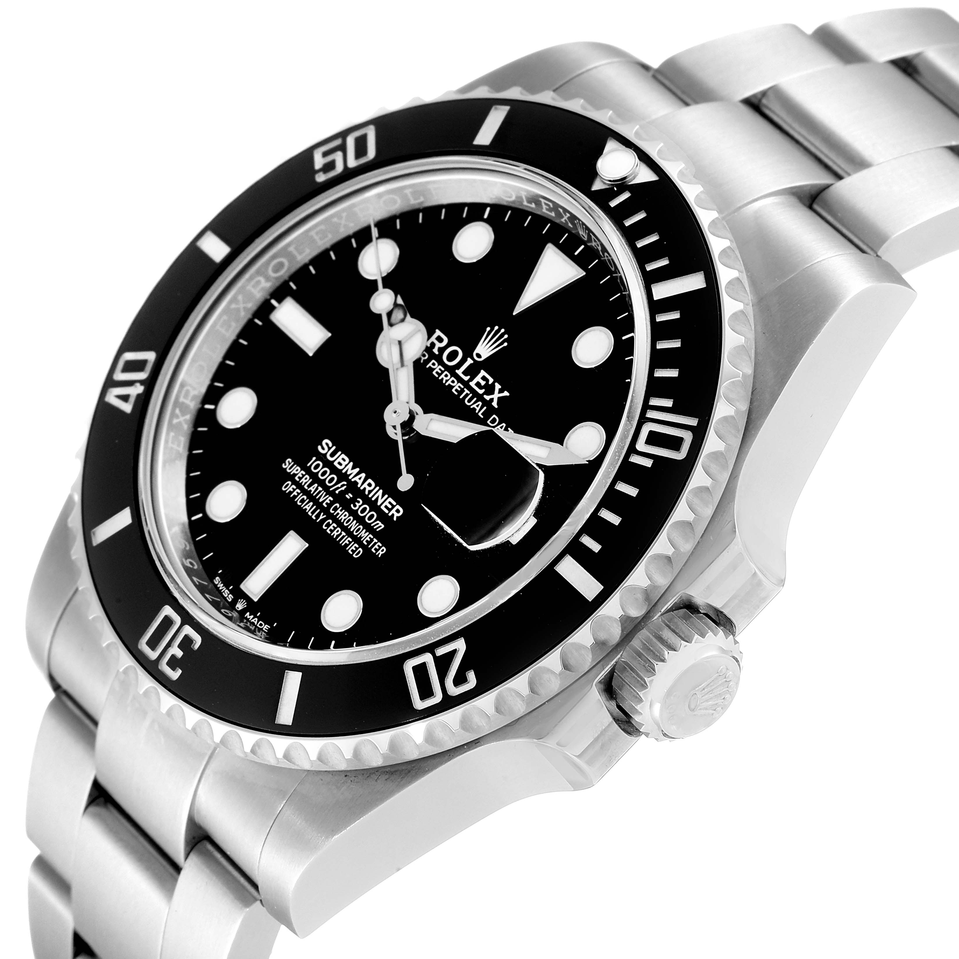 The image shows a side view of a Rolex Submariner 126610 Men
s Stainless Steel Black Dial 126610 Men
s Stainless Steel Black Dial watch, highlighting the dial, bezel, and part of the bracelet.