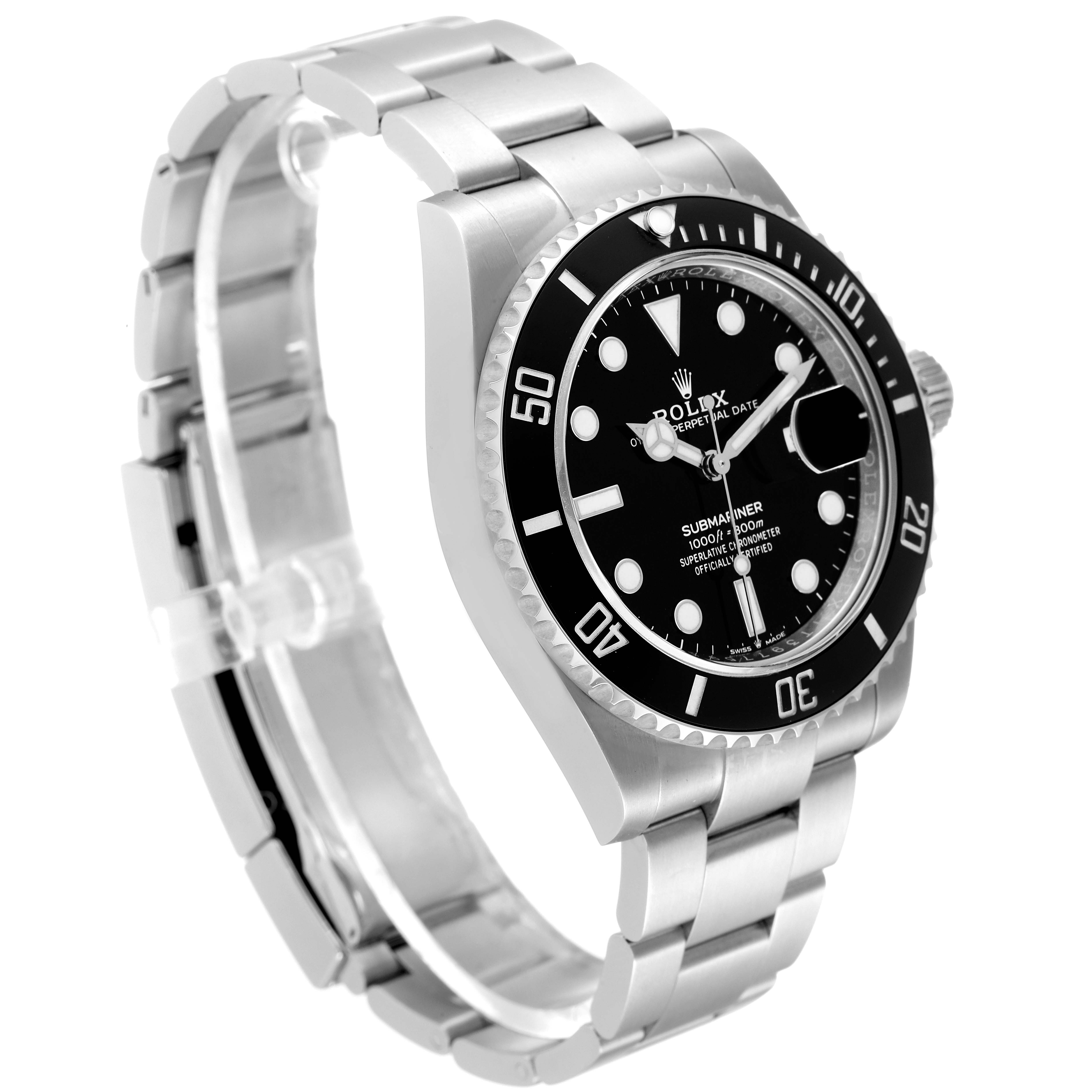 This image shows a side and front angle of a Rolex Submariner 126610 Men
s Stainless Steel Black Dial 126610 Men
s Stainless Steel Black Dial, highlighting its black dial, bezel, and stainless steel bracelet.