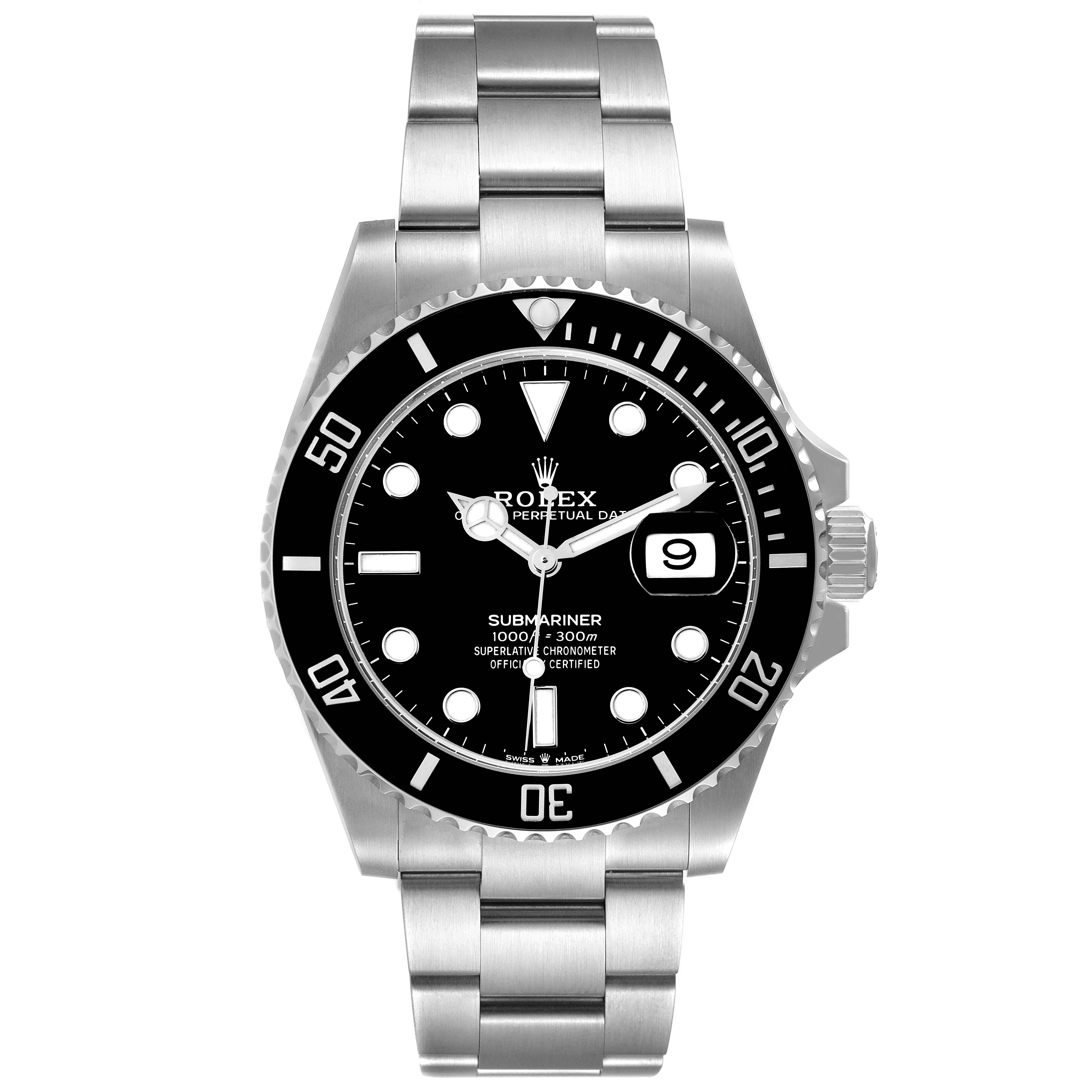 This image shows a full, front-facing view of a Rolex Submariner 126610 Men
s Stainless Steel Black Dial 126610 Men
s Stainless Steel Black Dial watch, displaying the face, bezel, and metal bracelet.