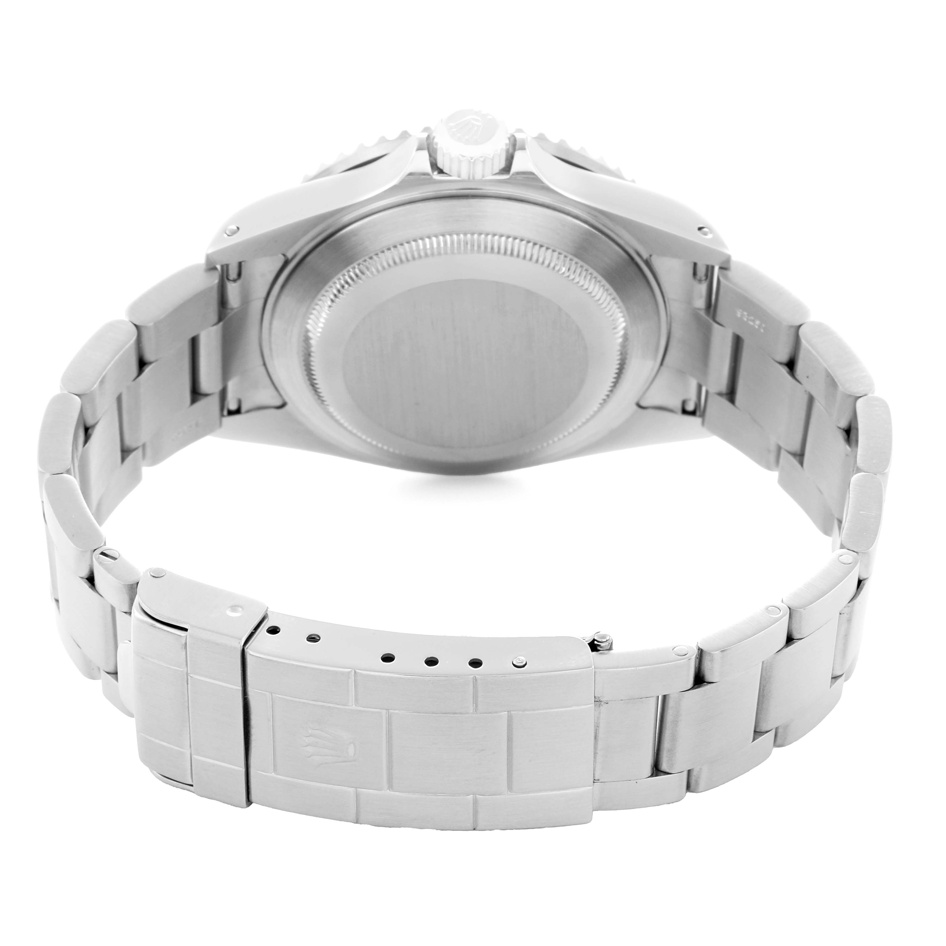 The image shows the back view of a Rolex Submariner 16610 Men
s Stainless Steel Black Dial, highlighting the case back and bracelet clasp.