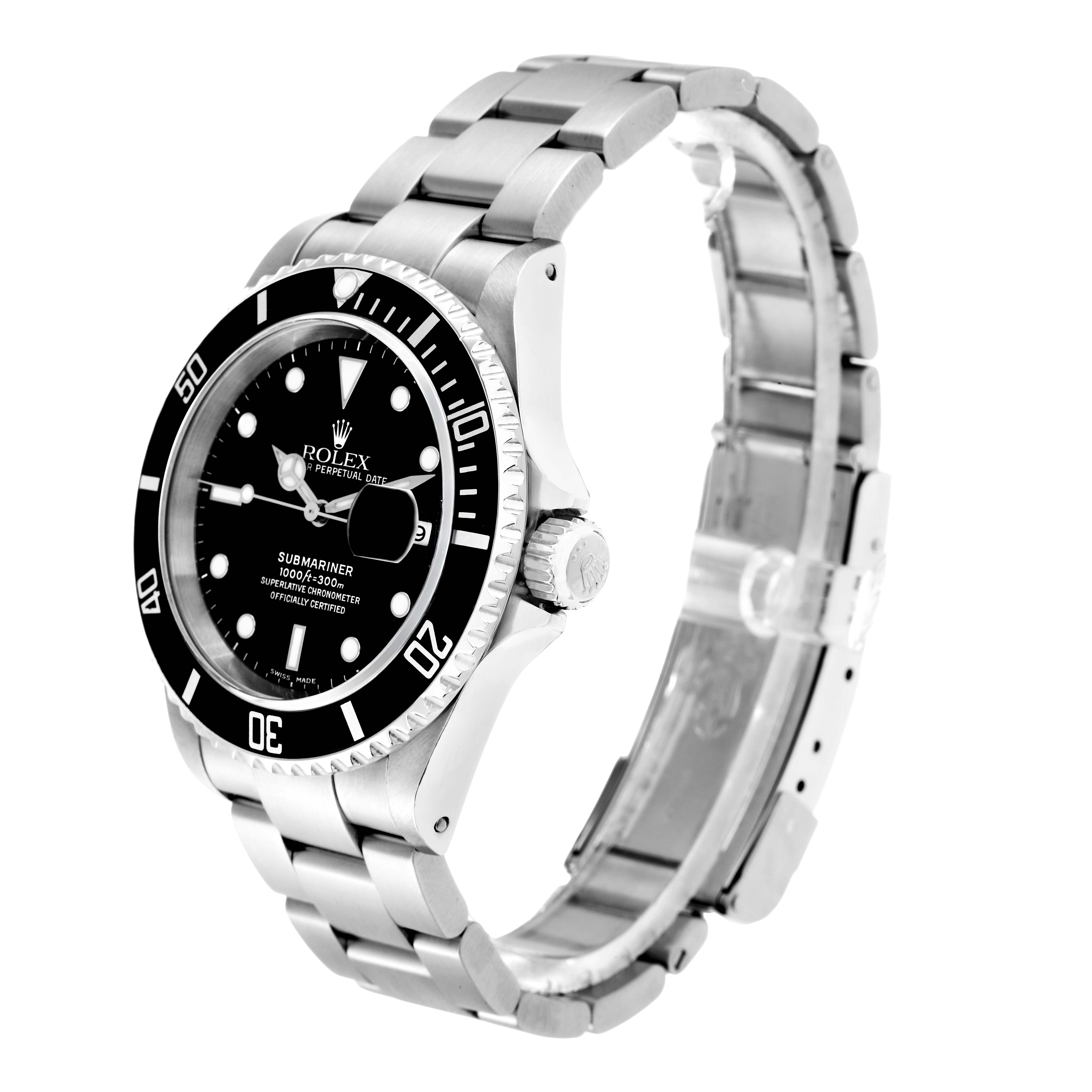 The Rolex Submariner 16610 Men
s Stainless Steel Black Dial watch is shown at a three-quarter angle, highlighting its face, bezel, crown, and bracelet.