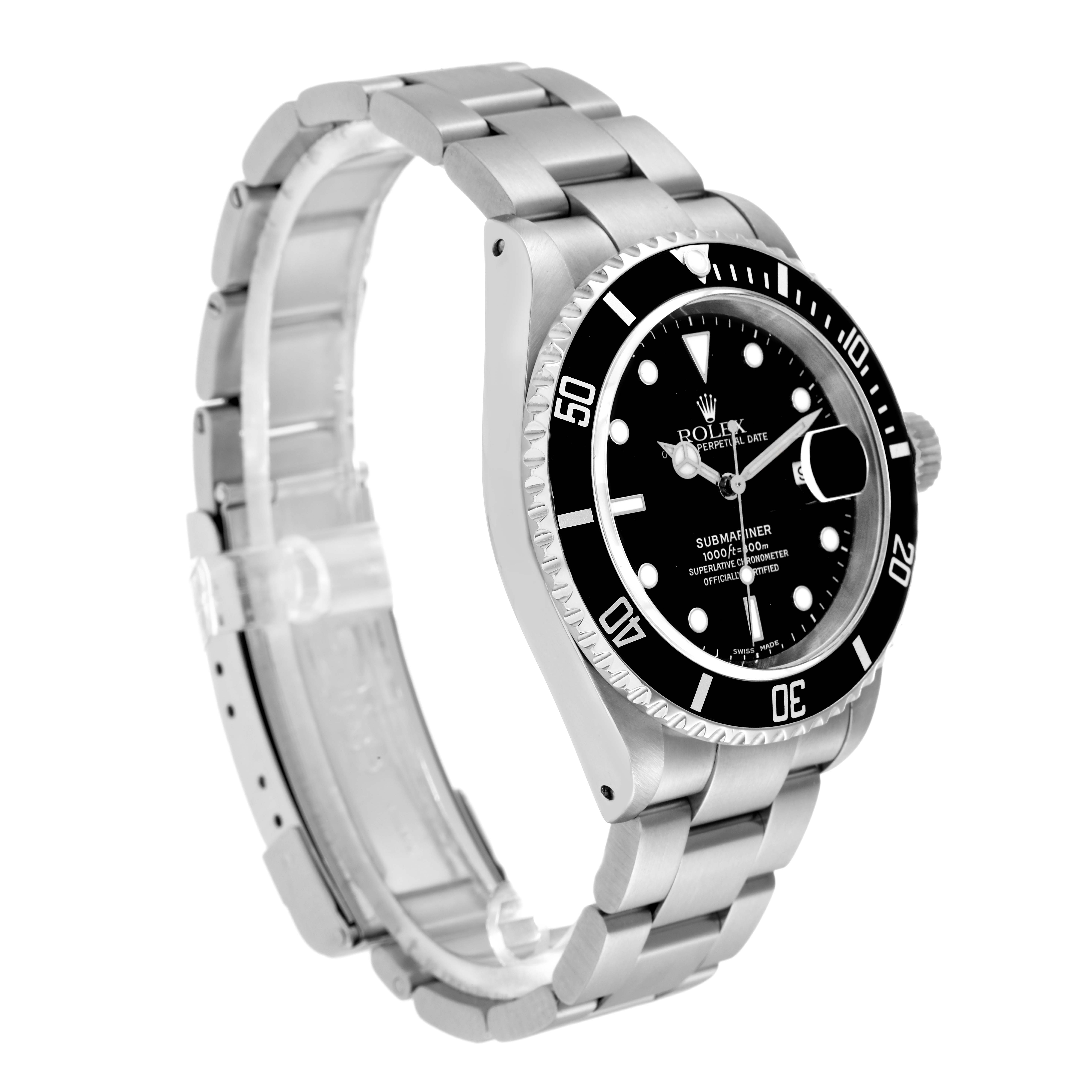 The Rolex Submariner 16610 Men
s Stainless Steel Black Dial is shown at a three-quarter angle, displaying the watch face, bezel, and part of the stainless steel bracelet.