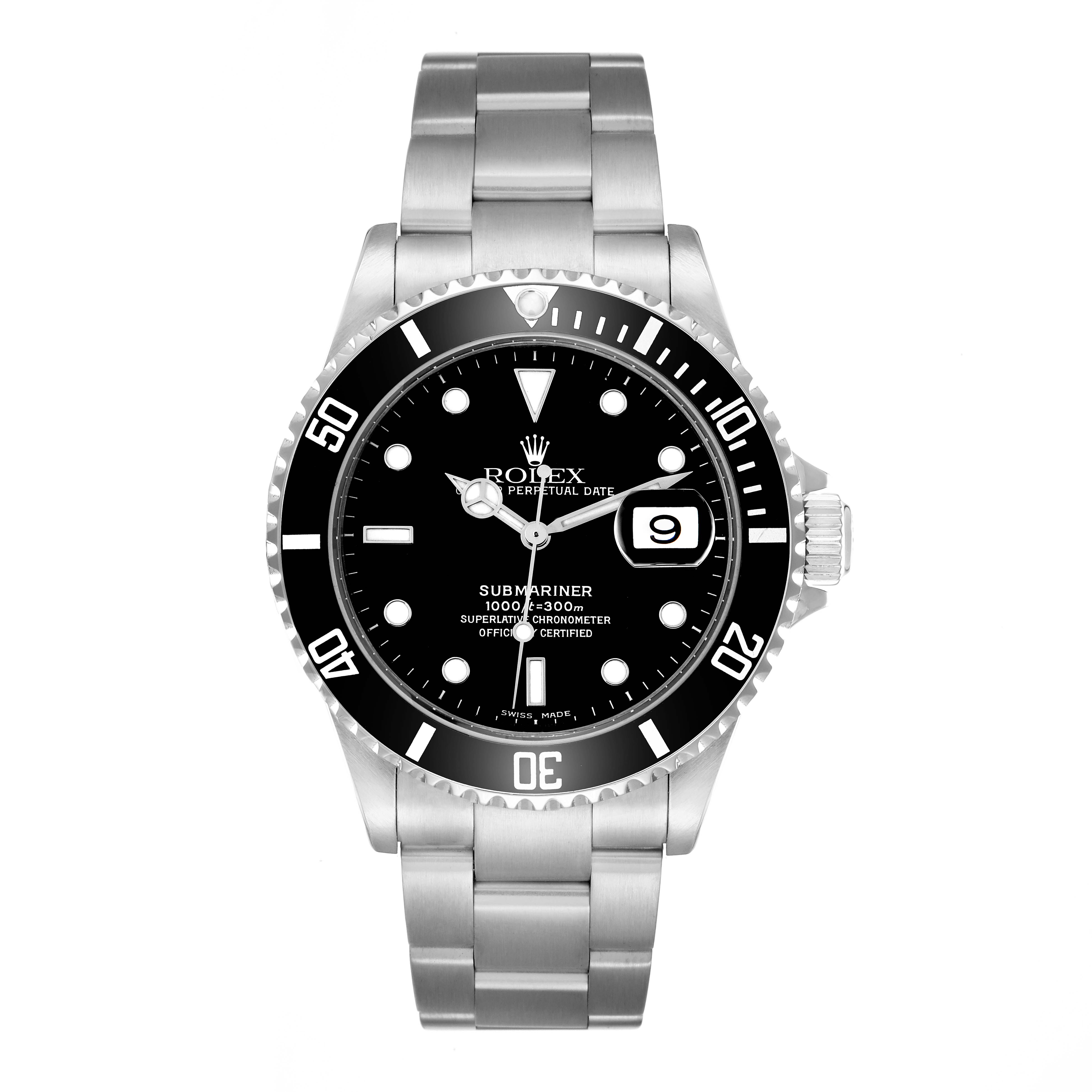 The Rolex Submariner 16610 Men
s Stainless Steel Black Dial watch is shown from a top view, displaying the black dial, bezel, and stainless steel bracelet.