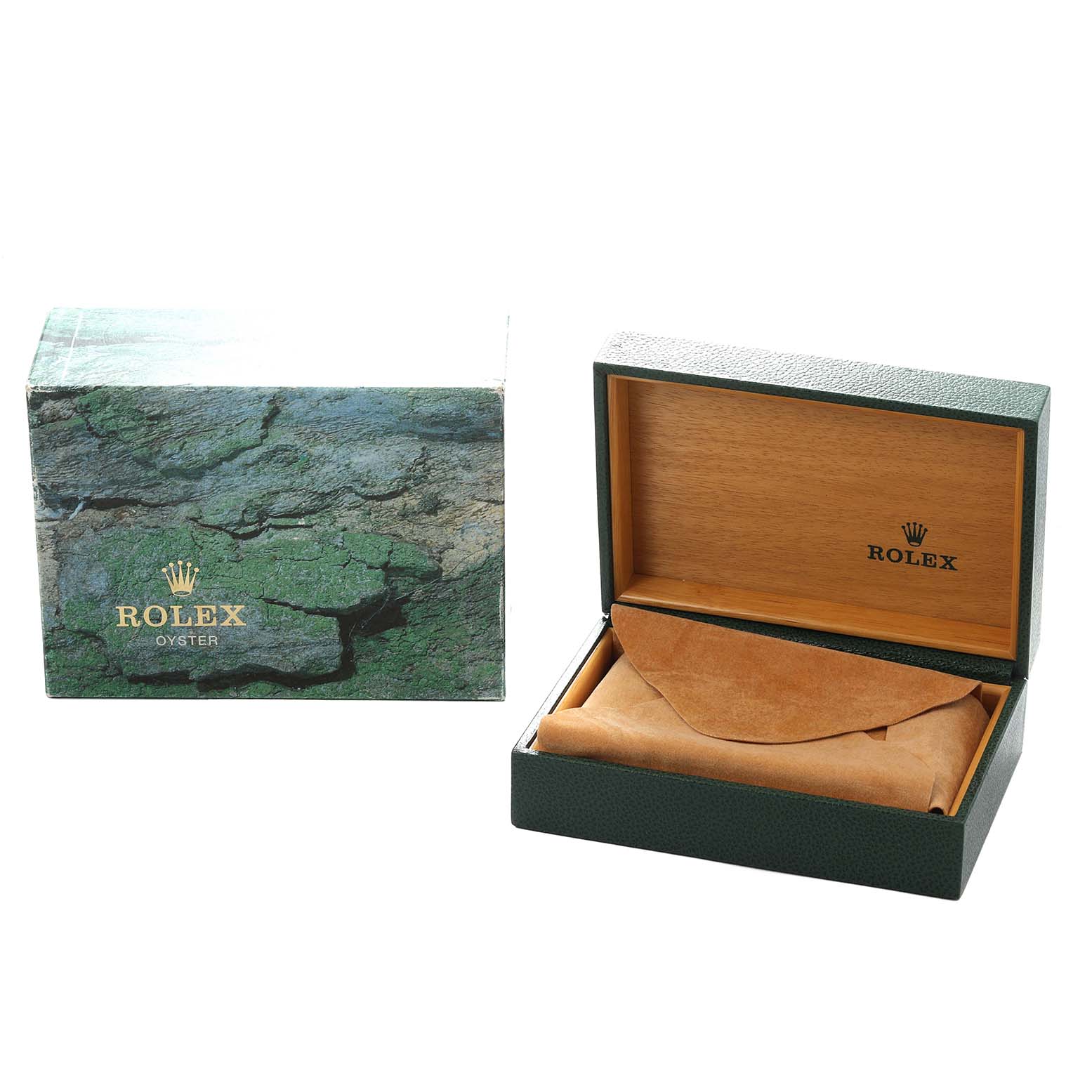 The image shows the Rolex Submariner 16610 Men
s Stainless Steel Black Dial
s packaging, including an open box with a suede interior and a closed outer box.