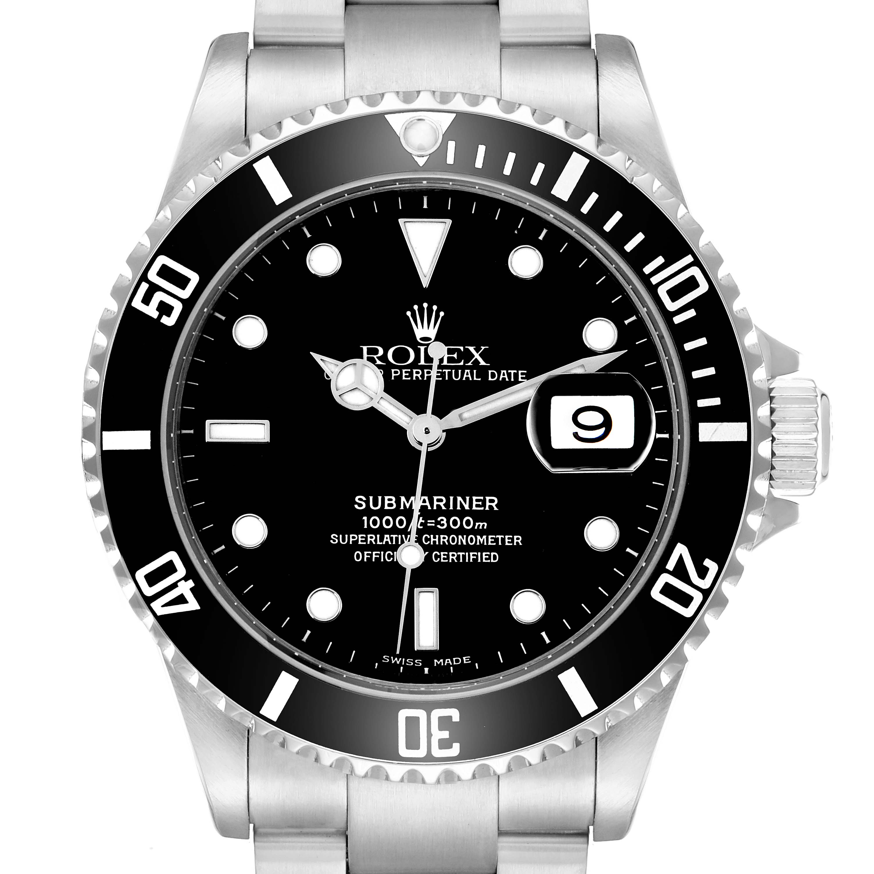 The Rolex Submariner 16610 Men
s Stainless Steel Black Dial watch is shown from a front angle, displaying the dial, bezel, crown, and part of the bracelet.