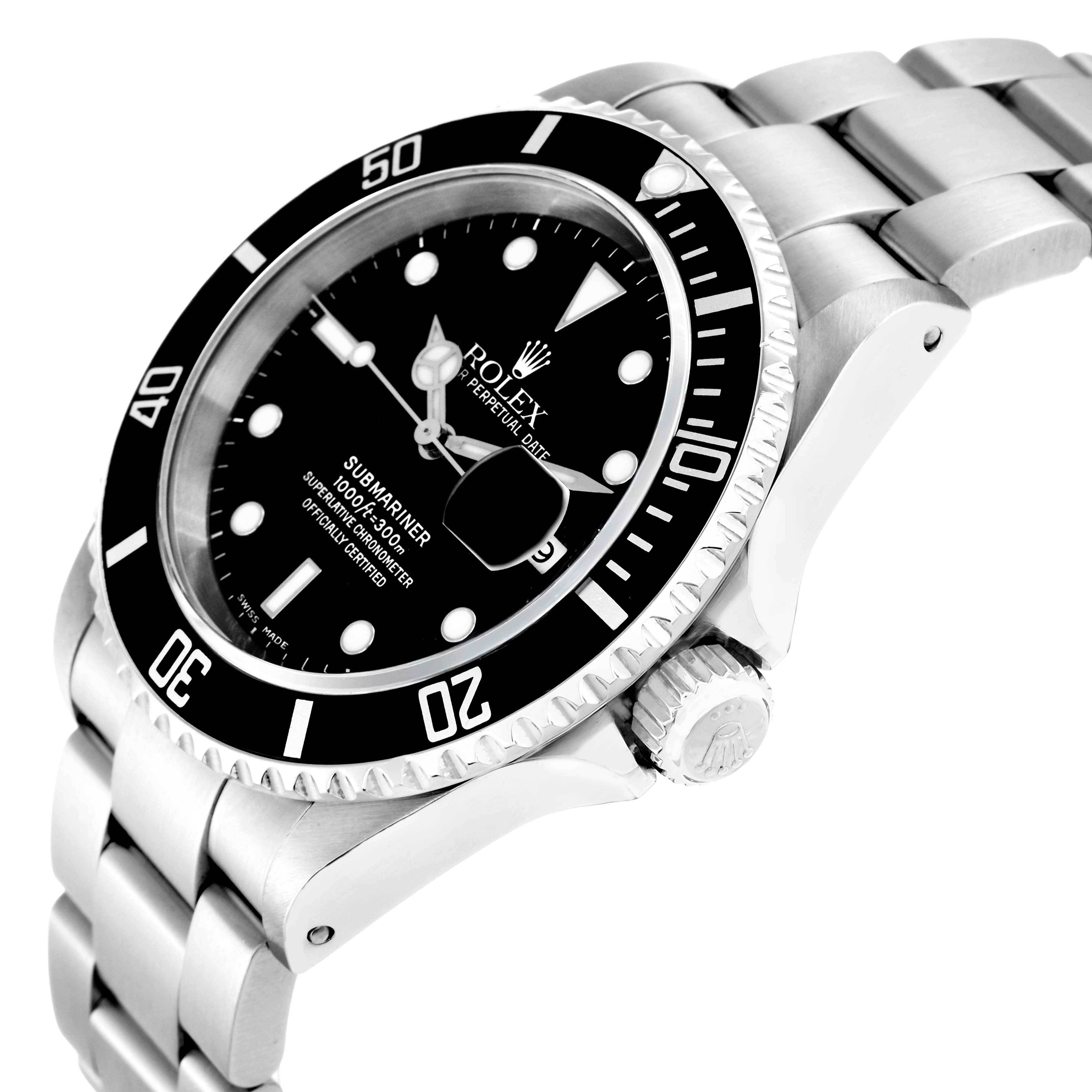 The Rolex Submariner 16610 Men
s Stainless Steel Black Dial is shown at a slight angle, highlighting the face, bezel, crown, and part of the bracelet.