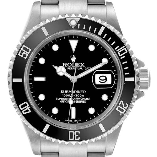 The image shows a front view of a Rolex Submariner watch, highlighting its bezel, dial, hands, and date window.