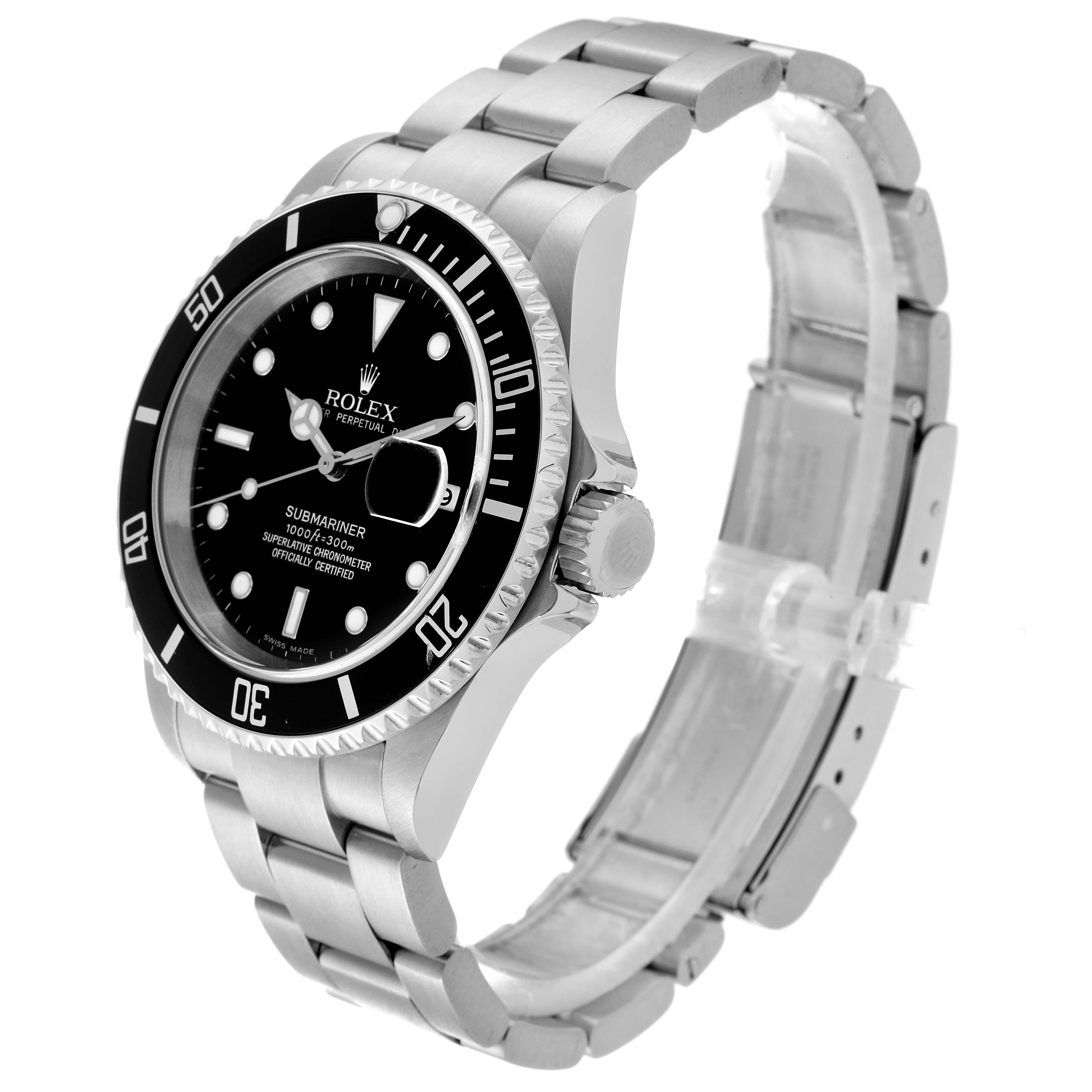 The Rolex Submariner 16610 Men
s Stainless Steel Black Dial 16610 Men
s Stainless Steel Black Dial watch is displayed at a three-quarter angle, showcasing the face, bezel, crown, and bracelet.