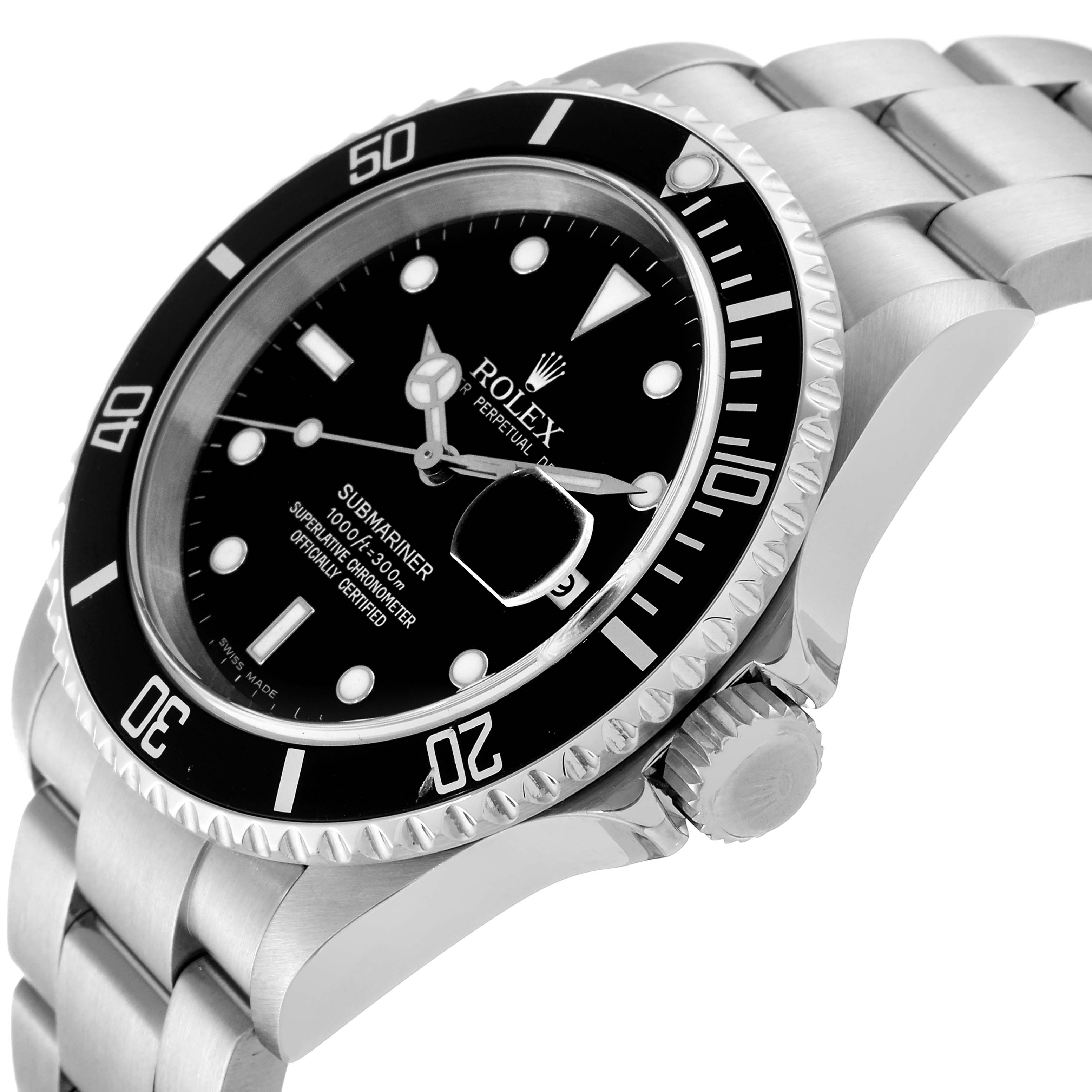 This image shows a close-up view of the face, bezel, crown, and bracelet of a Rolex Submariner 16610 Men
s Stainless Steel Black Dial 16610 Men
s Stainless Steel Black Dial watch at an angle.
