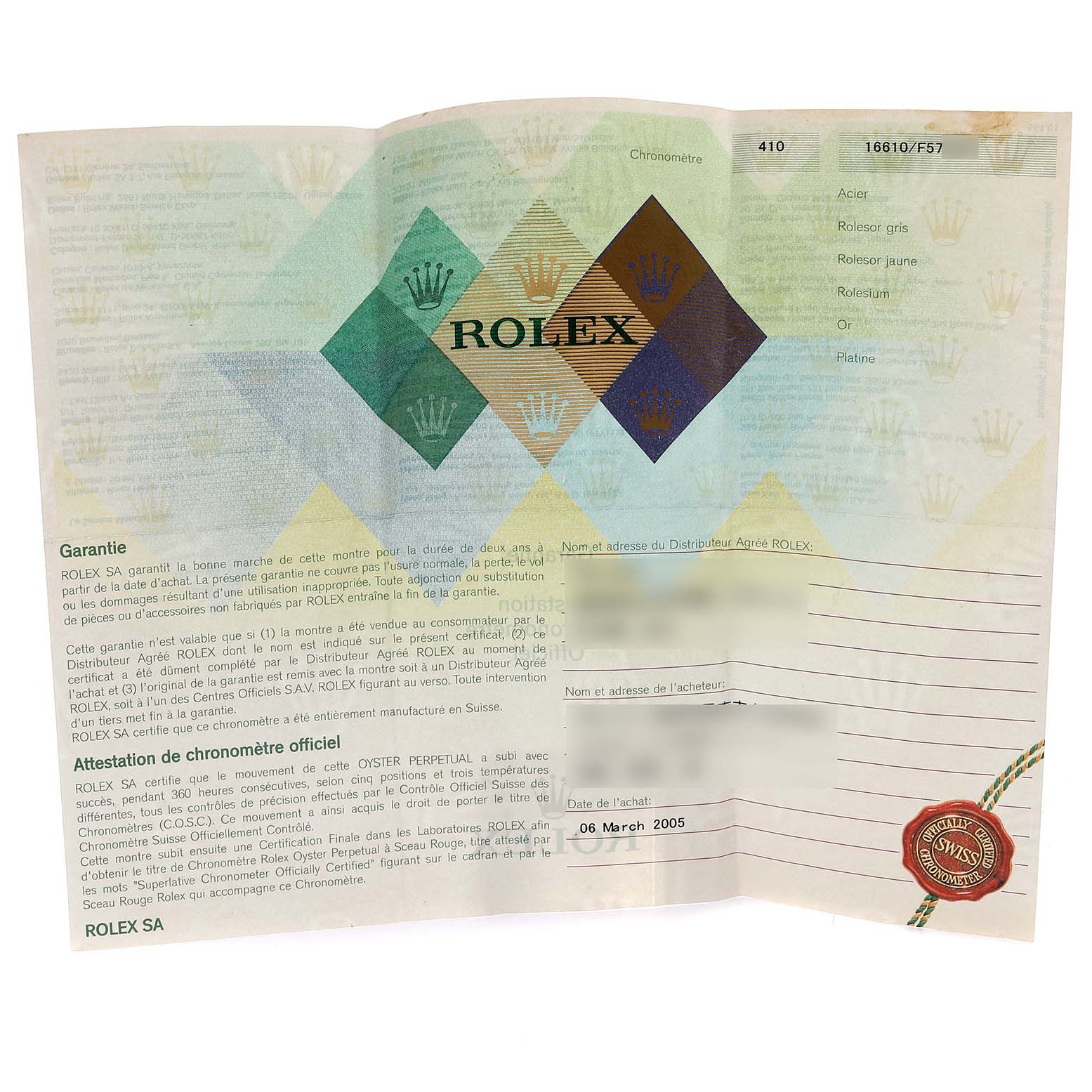 This image shows the warranty card for the Rolex Submariner 16610 Men
s Stainless Steel Black Dial 16610 Men
s Stainless Steel Black Dial, with details about the model, purchase date, and official chronometer certification.