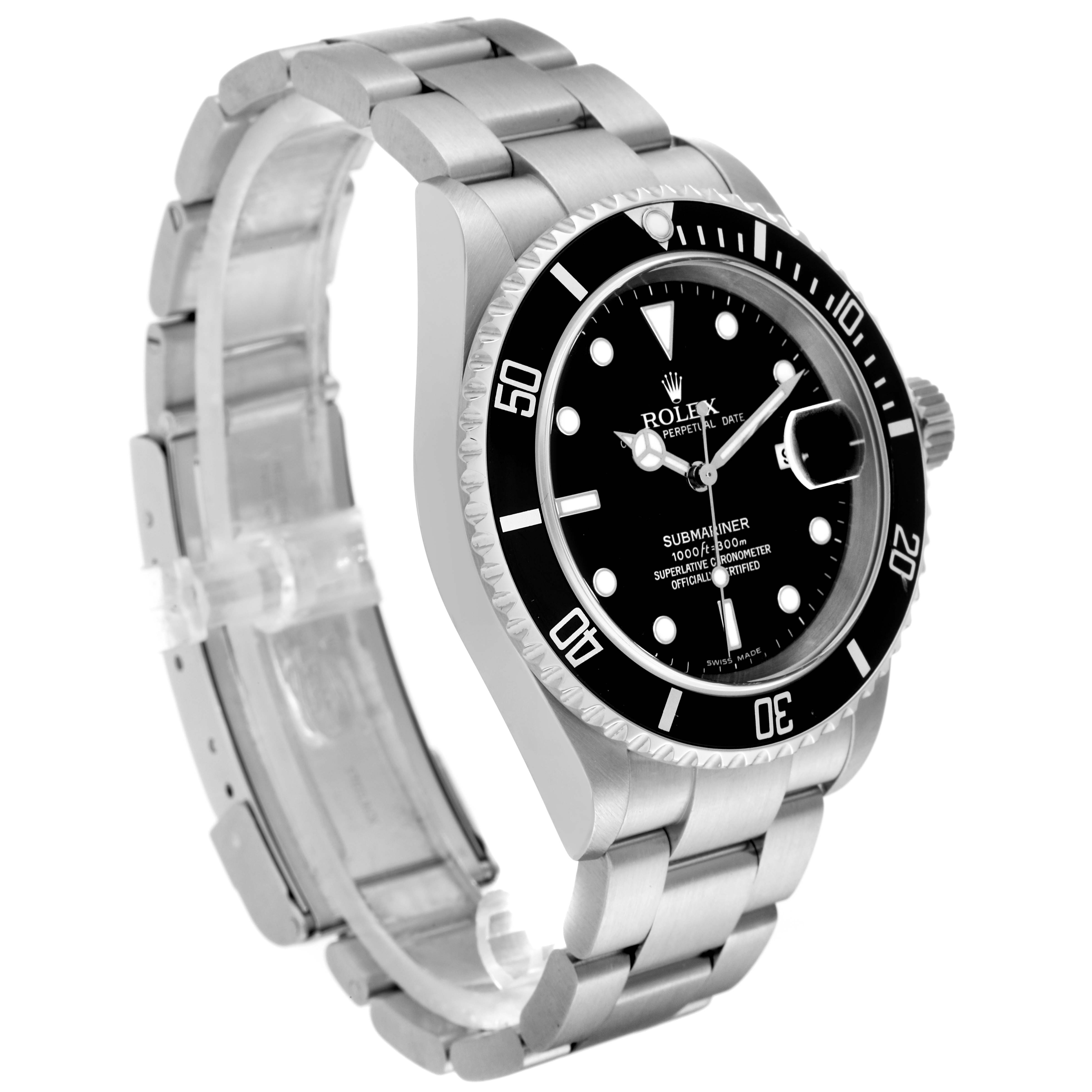 The Rolex Submariner 16610 Men
s Stainless Steel Black Dial 16610 Men
s Stainless Steel Black Dial watch is shown at an angle displaying its face, bezel, crown, and metal bracelet.