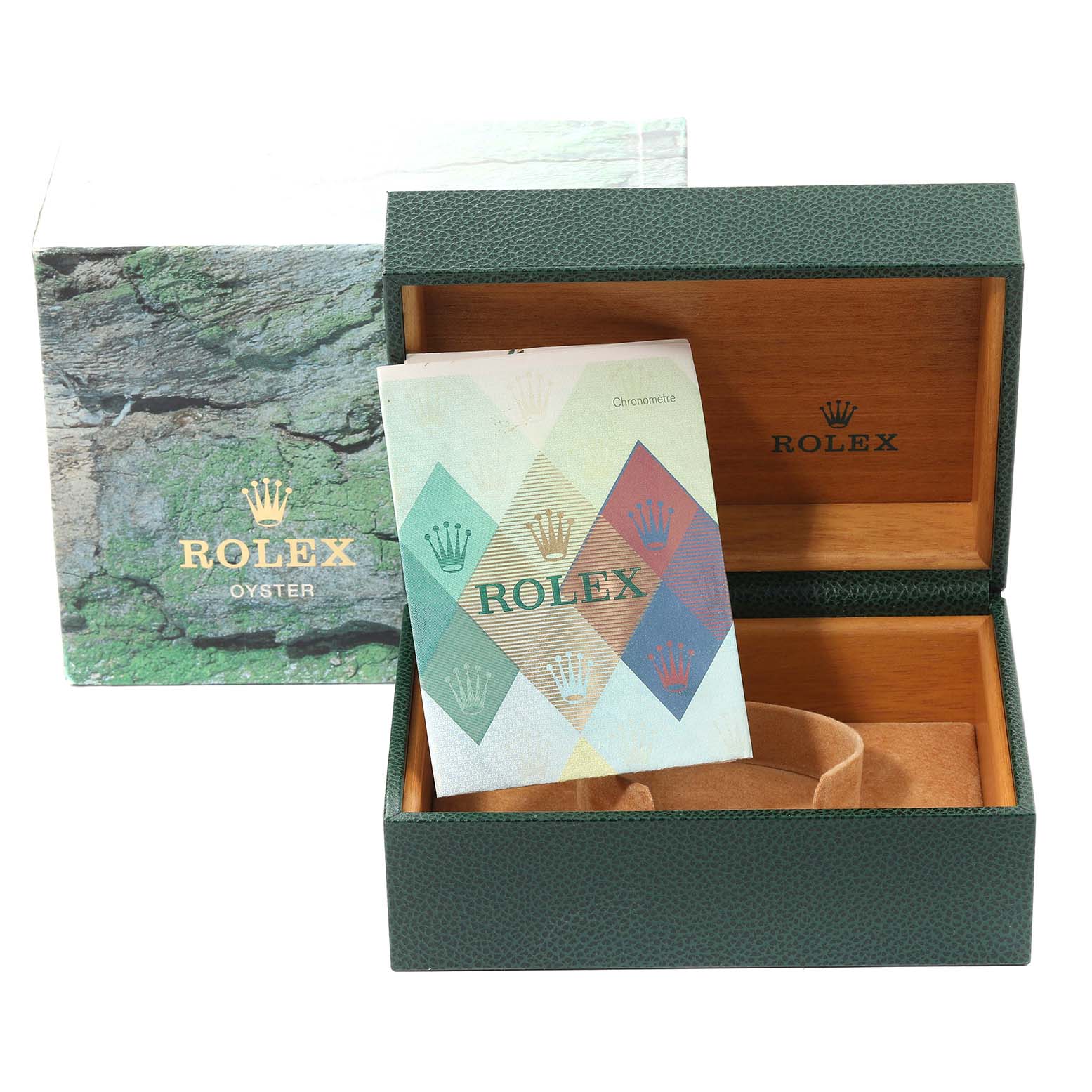 The image shows a Rolex Submariner 16610 Men
s Stainless Steel Black Dial 16610 Men
s Stainless Steel Black Dial box, booklet, and inner packaging viewed from a front angle.