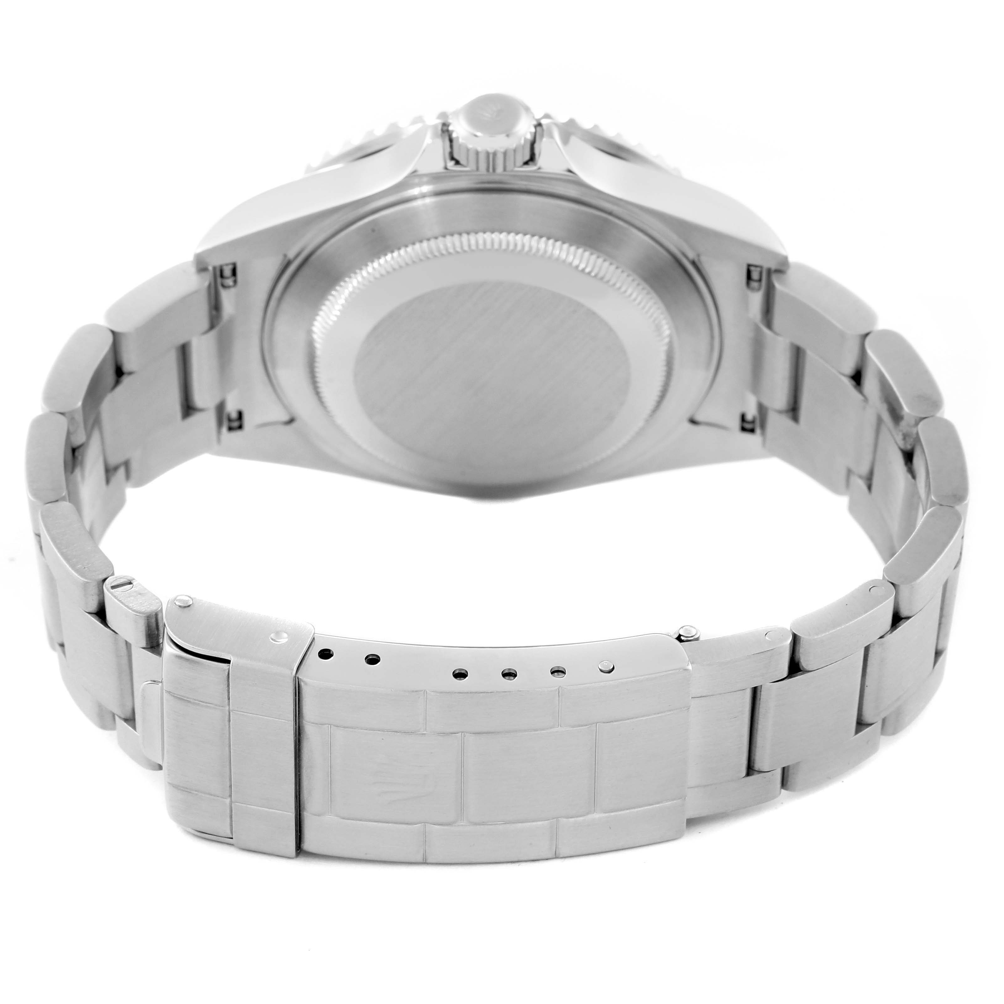 The image shows the back view of a Rolex Submariner 16610 Men
s Stainless Steel Black Dial 16610 Men
s Stainless Steel Black Dial, highlighting the case back, bracelet, and clasp.