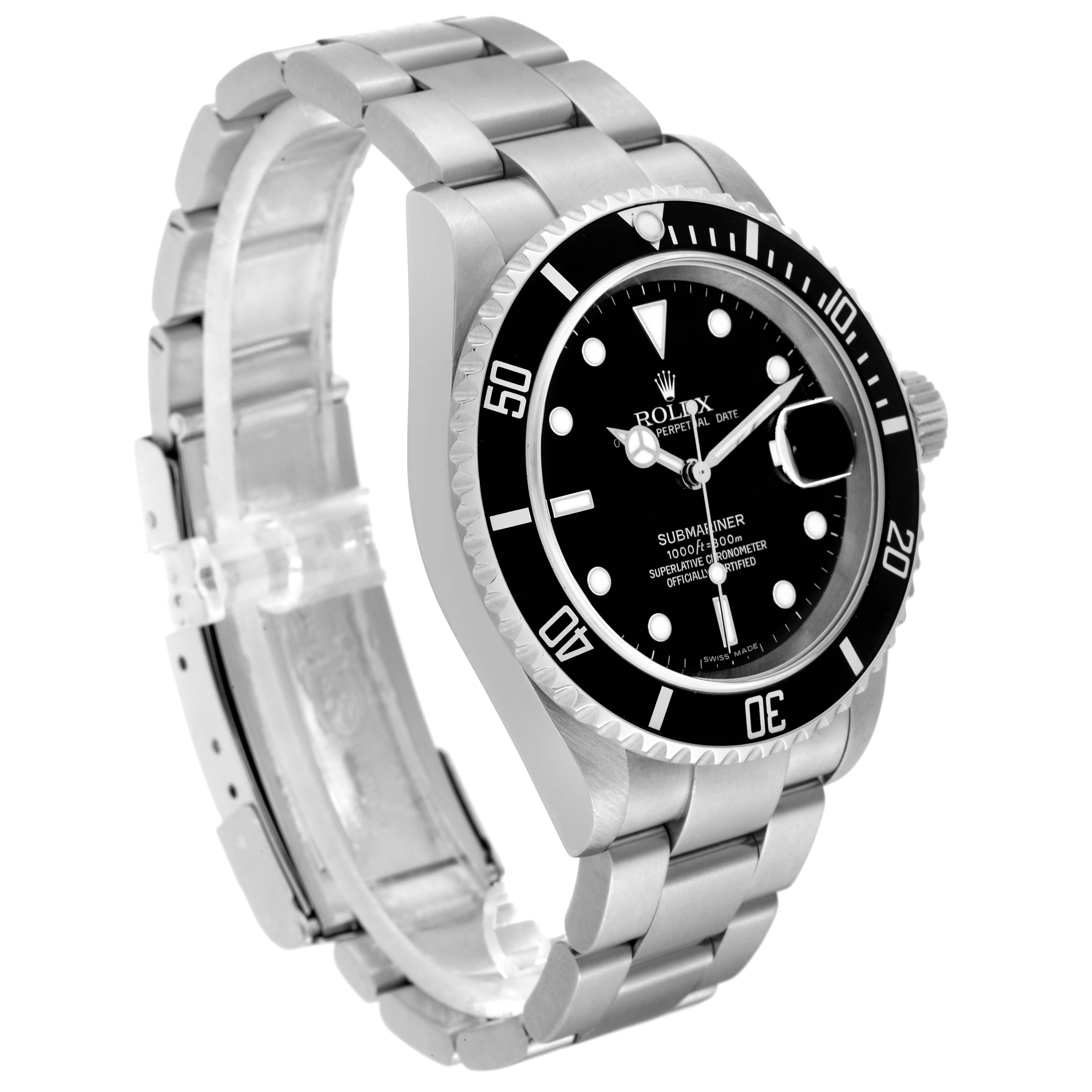 A Rolex Submariner 16610 Men's Stainless Steel Black Dial 16610 Men's Stainless Steel Black Dial watch is shown at a 3/4 angle, displaying the black bezel, dial, hands, and stainless steel bracelet.