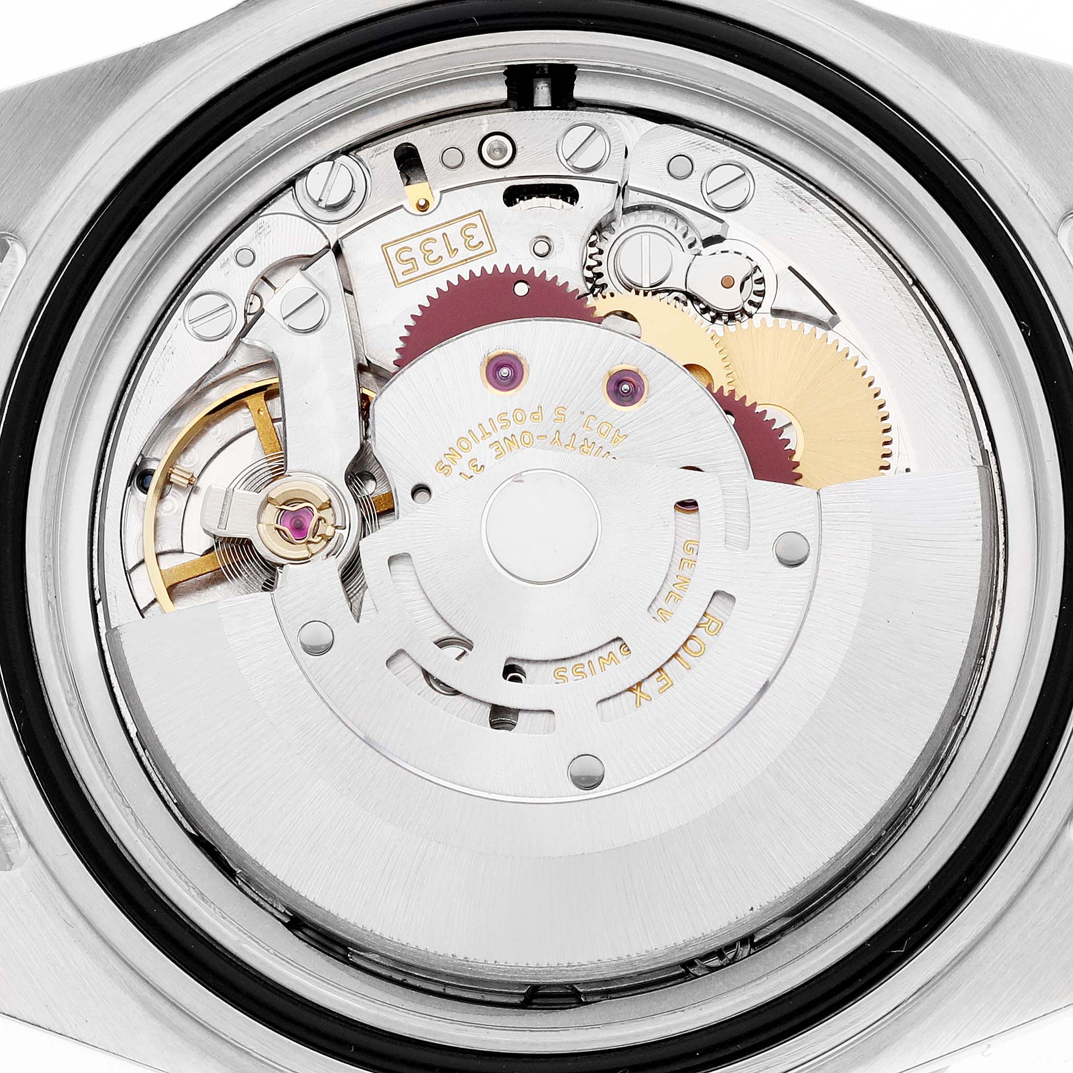 This is an internal view of the Rolex Submariner 16610 Men's Stainless Steel Black Dial 16610 Men's Stainless Steel Black Dial watch, showing its intricate movement and mechanism components.