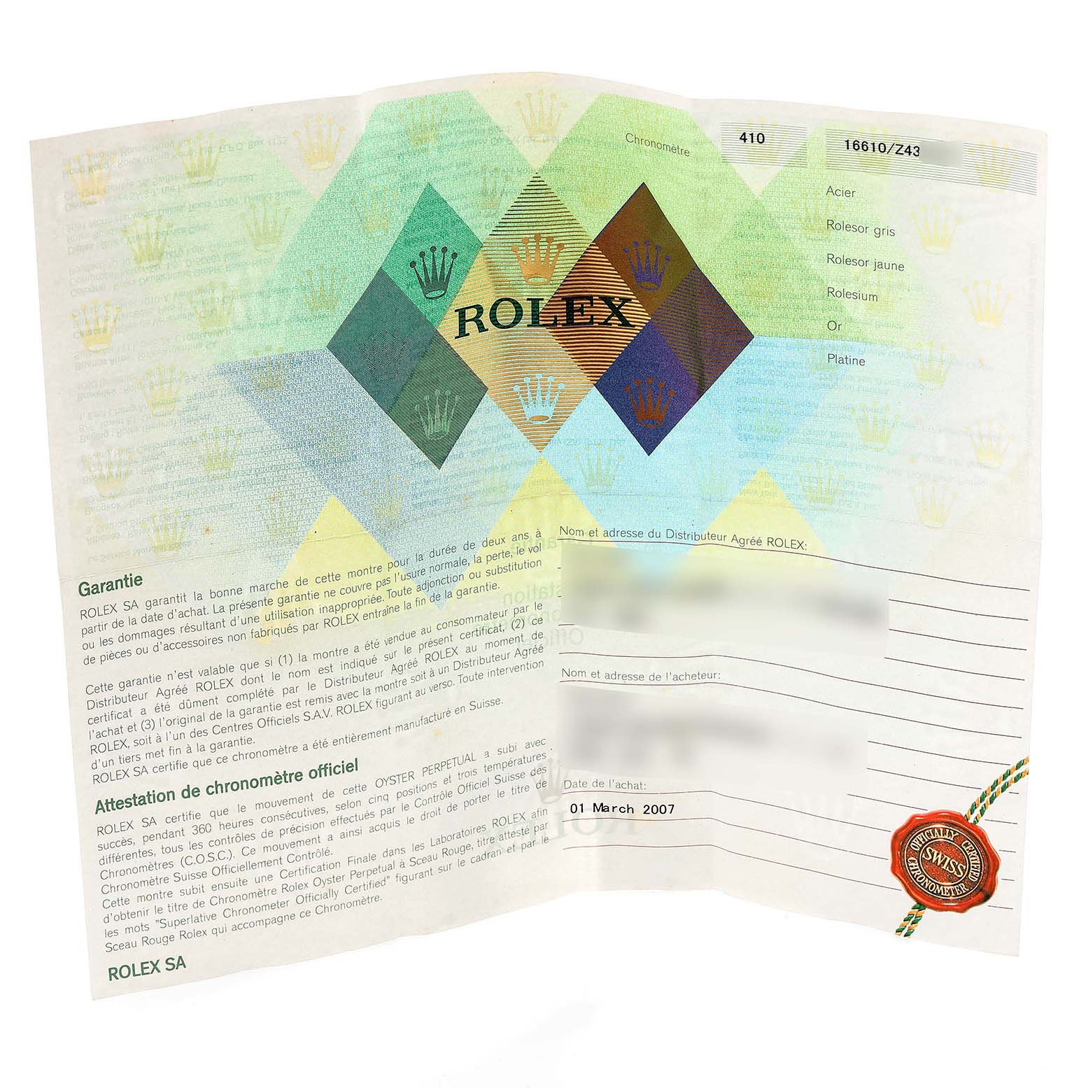 The image shows a warranty certificate for a Rolex Submariner 16610 Men's Stainless Steel Black Dial 16610 Men's Stainless Steel Black Dial watch.