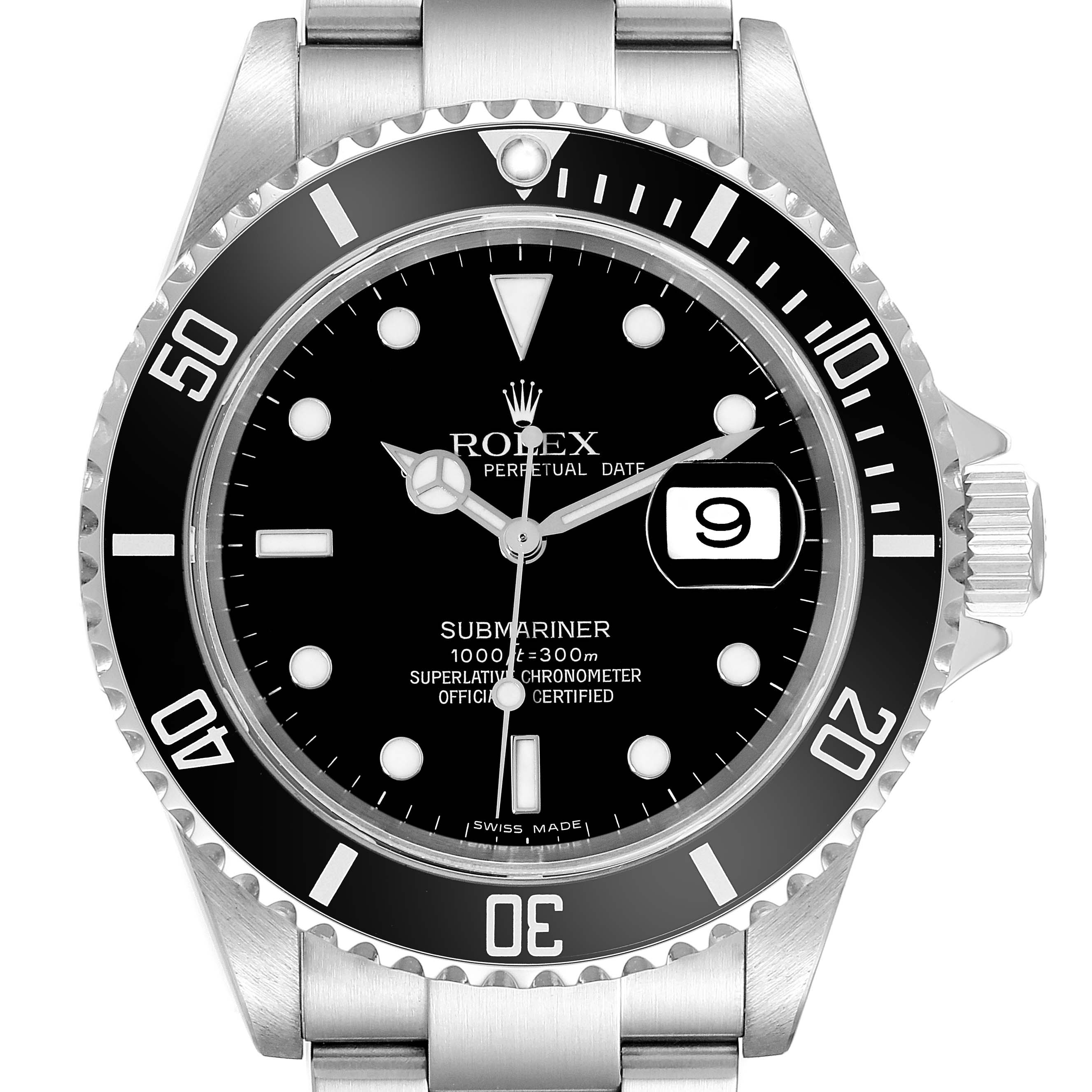 The image shows a front view of a Rolex Submariner 16610 Men's Stainless Steel Black Dial 16610 Men's Stainless Steel Black Dial watch, featuring its black dial, date window, and stainless steel bracelet.