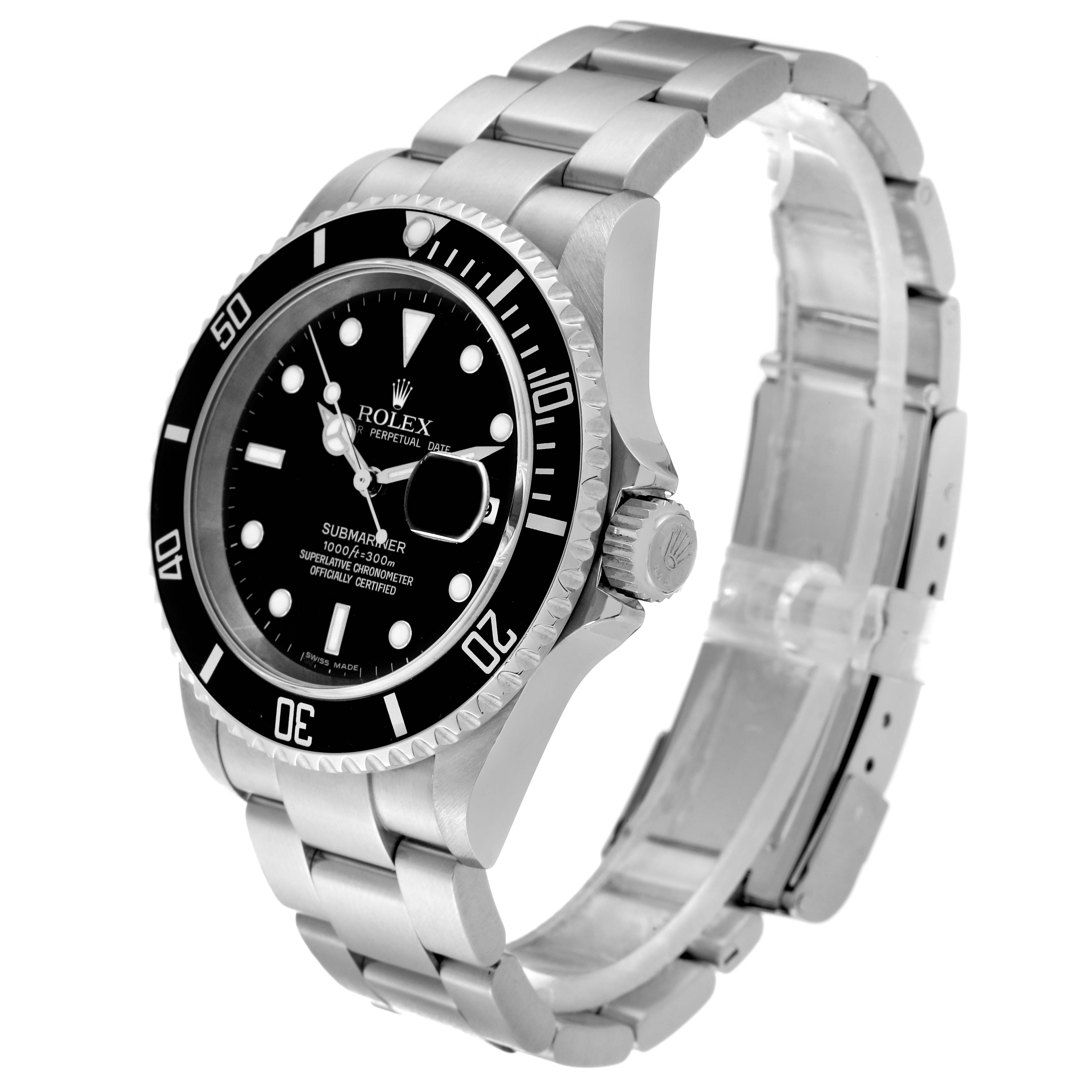 The image shows a side-angle view of the Rolex Submariner 16610 Men's Stainless Steel Black Dial 16610 Men's Stainless Steel Black Dial watch, highlighting its face, bezel, crown, and full metal bracelet.