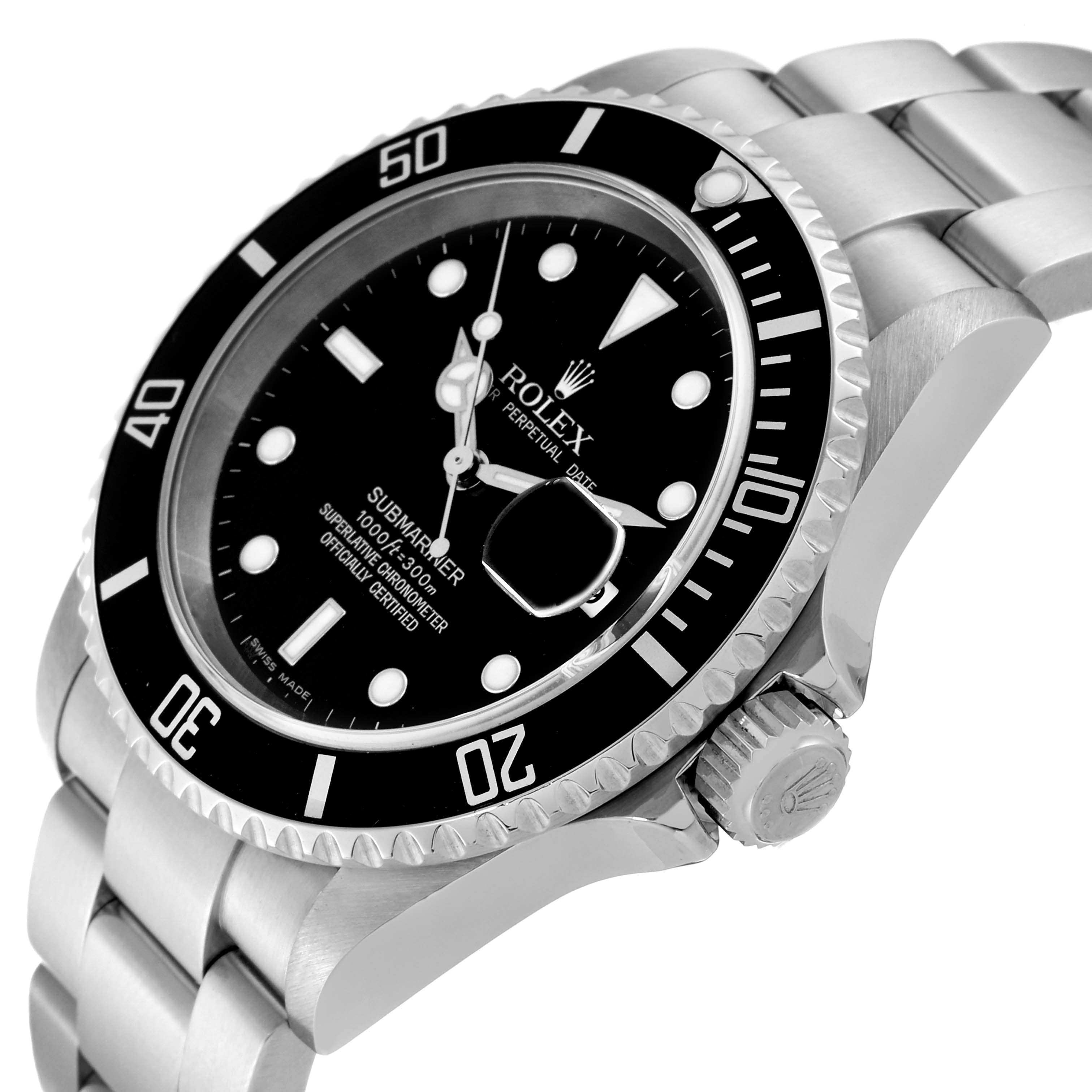 The image shows a Rolex Submariner 16610 Men's Stainless Steel Black Dial 16610 Men's Stainless Steel Black Dial watch from a side angle, highlighting the dial, bezel, case, and part of the metal bracelet.