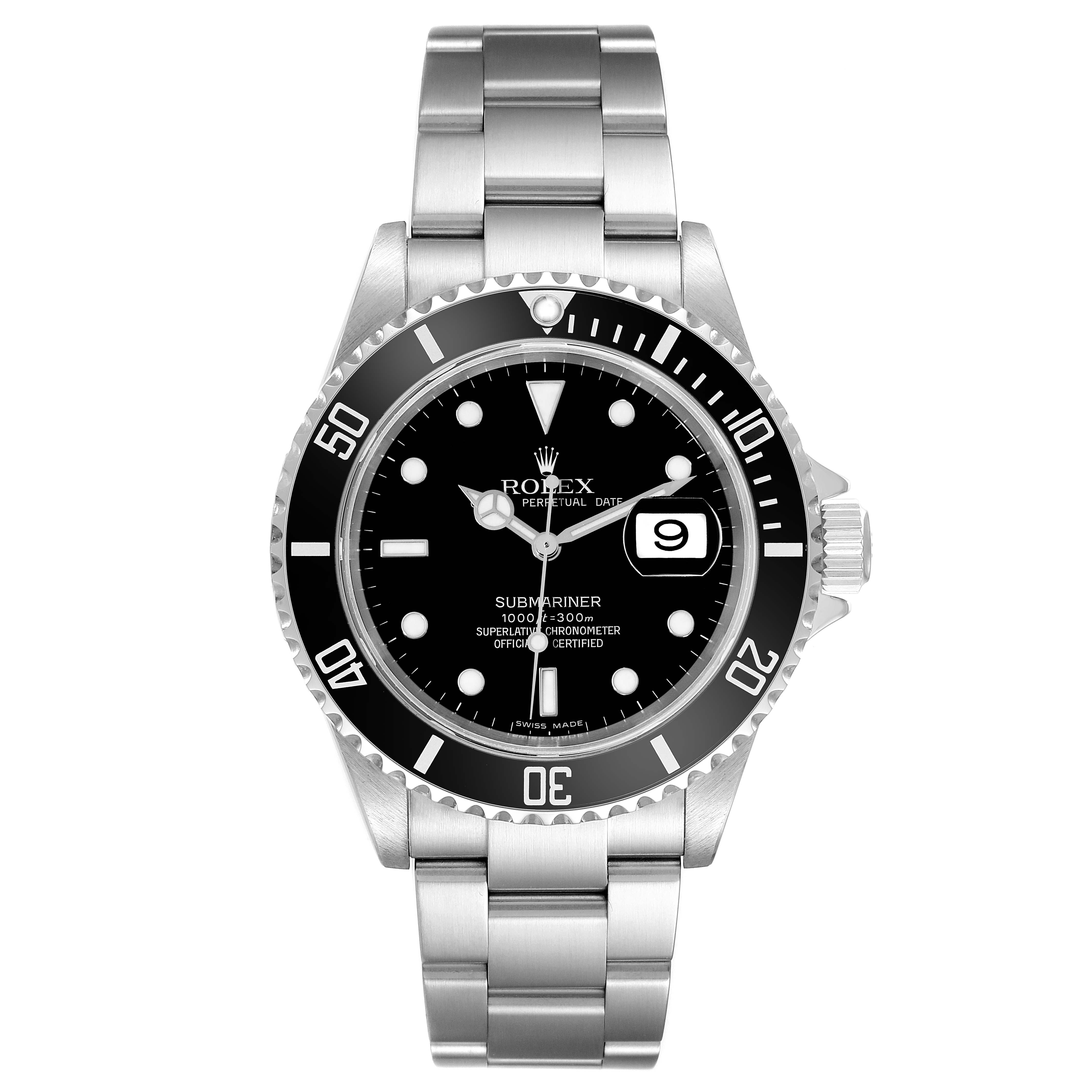 This Rolex Submariner 16610 Men's Stainless Steel Black Dial 16610 Men's Stainless Steel Black Dial watch is shown from a top-down angle, displaying the dial, bezel, crown, and bracelet.