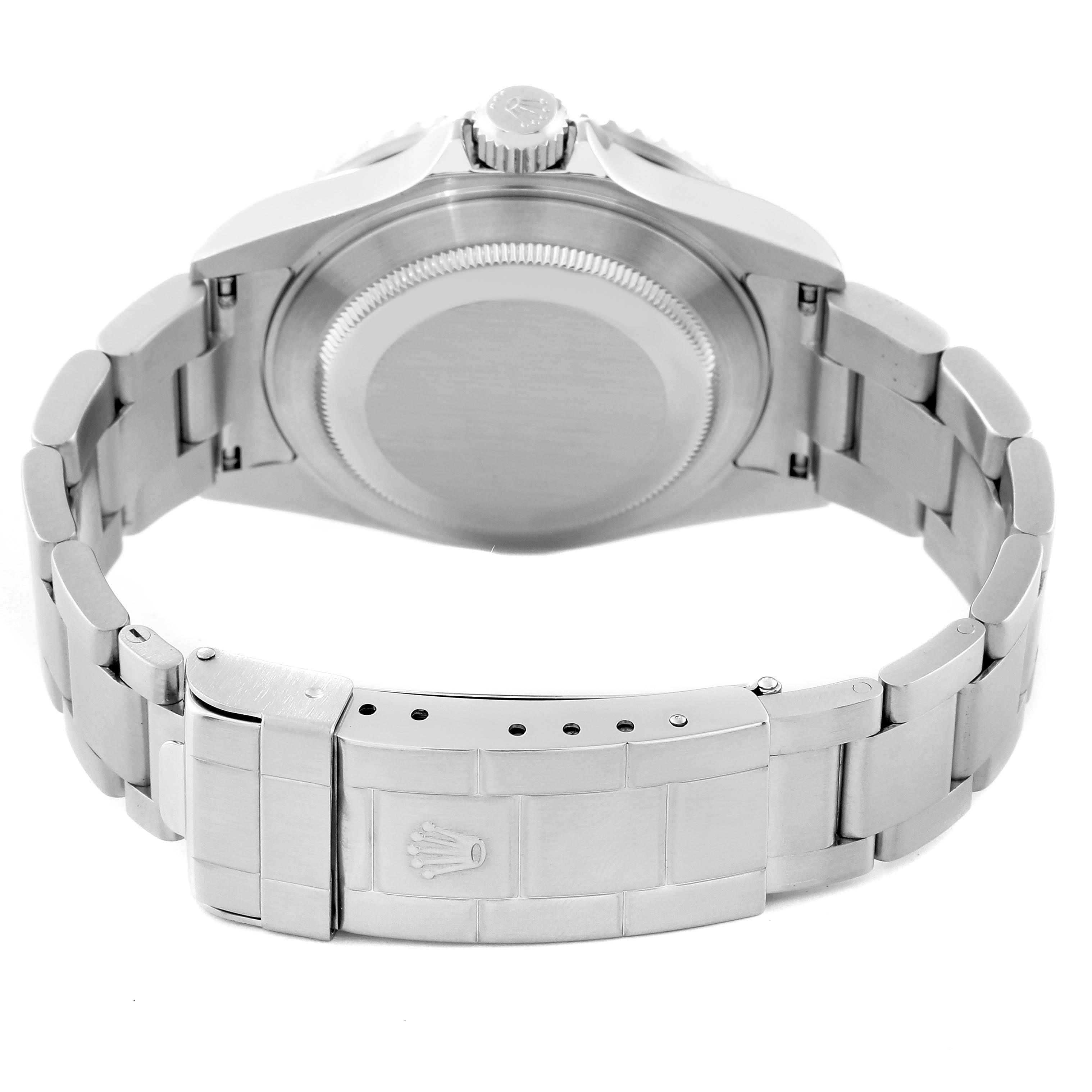 The image shows the case back, crown, and bracelet clasp of a Rolex Submariner 16610 Men's Stainless Steel Black Dial 16610 Men's Stainless Steel Black Dial watch from a rear angle.