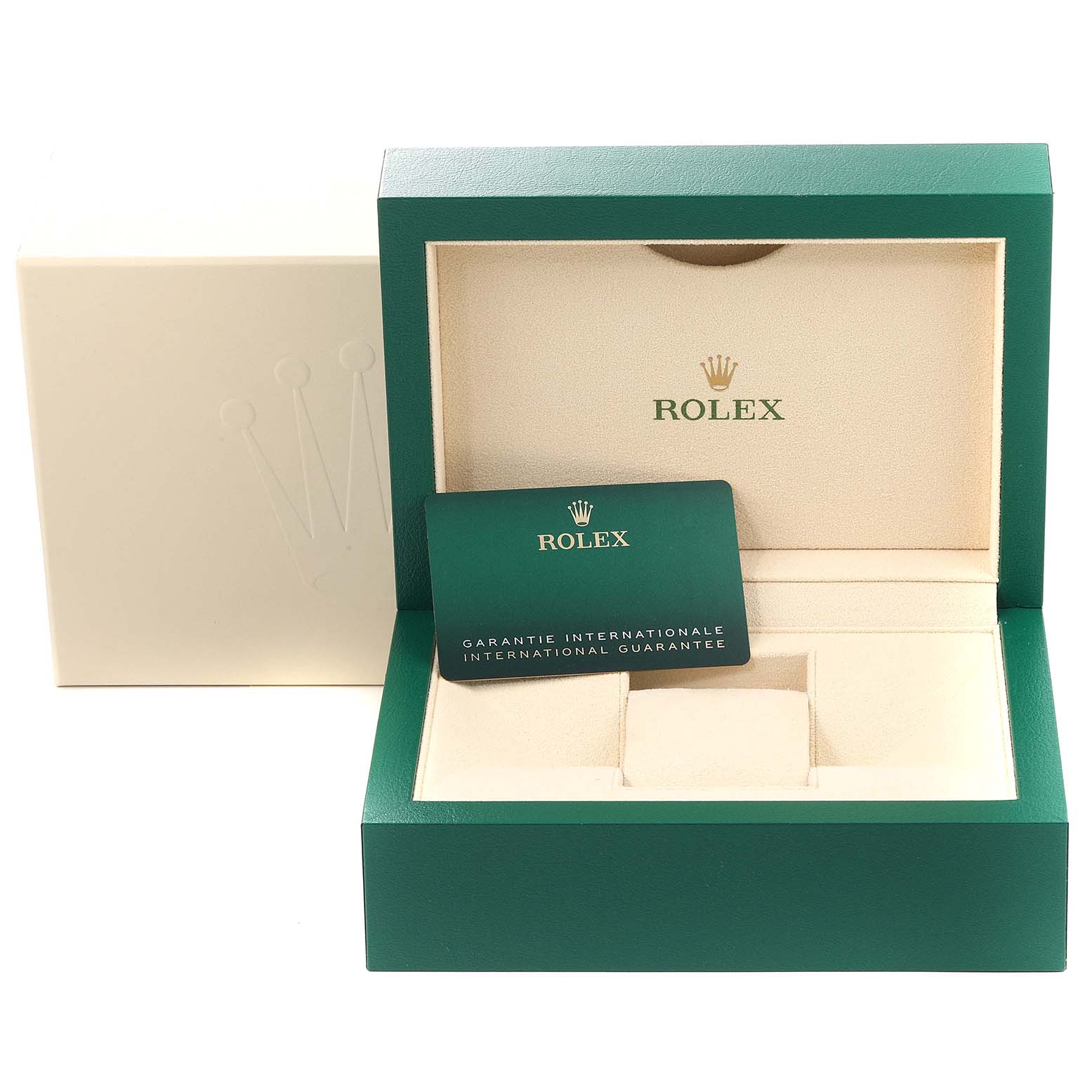 The image shows an open green and cream Rolex Submariner 126610LV Men
s Stainless Steel Black Dial 126610LV Men
s Stainless Steel Black Dial watch box with the international guarantee card inside.