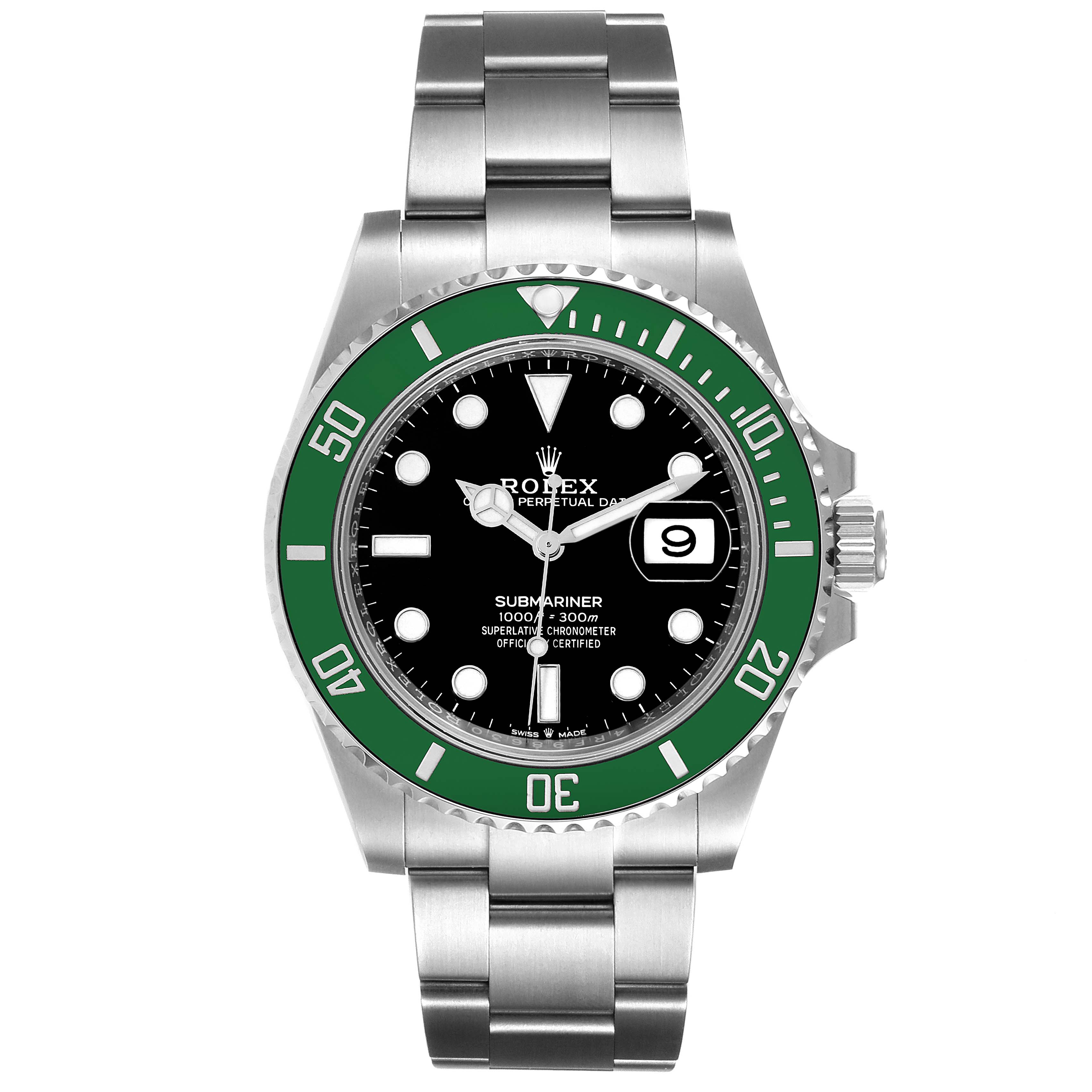 This is a frontal view of a Rolex Submariner 126610LV Men
s Stainless Steel Black Dial 126610LV Men
s Stainless Steel Black Dial watch displaying the dial, bezel, bracelet, and crown.