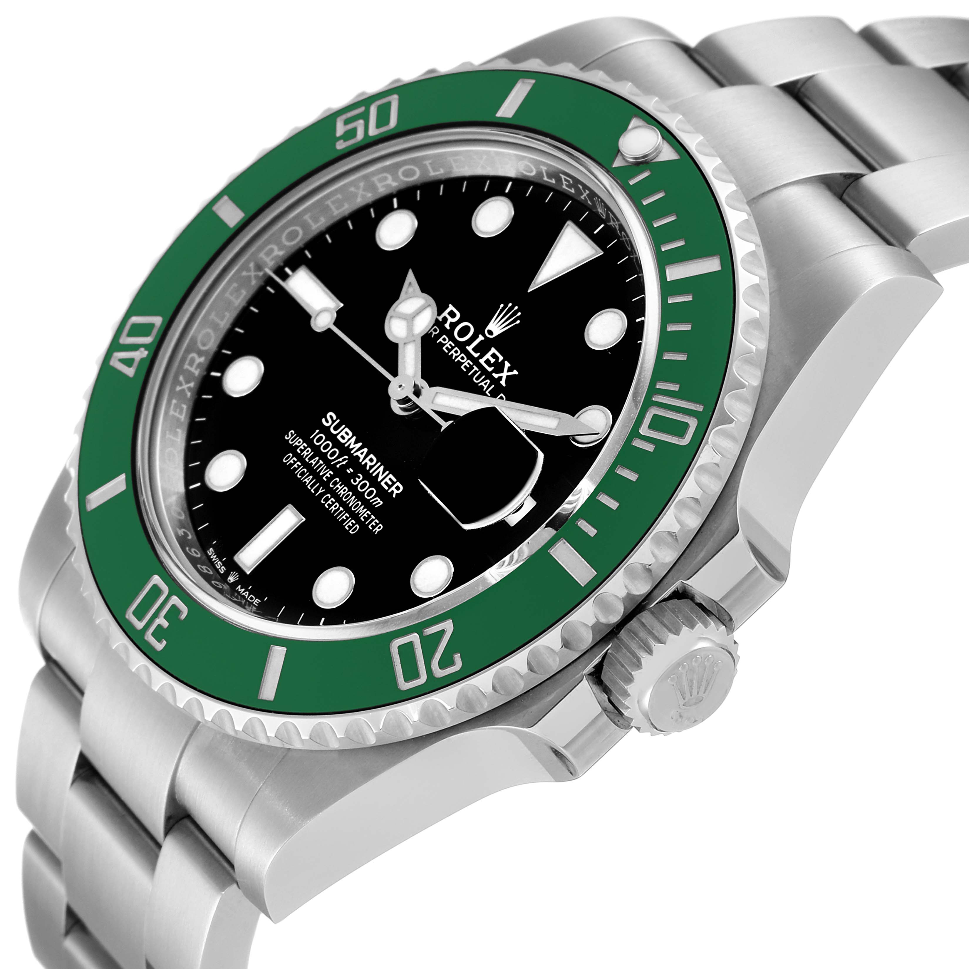 The image shows a Rolex Submariner 126610LV Men
s Stainless Steel Black Dial 126610LV Men
s Stainless Steel Black Dial watch from an angled side view highlighting the bezel, bracelet, crown, and face.