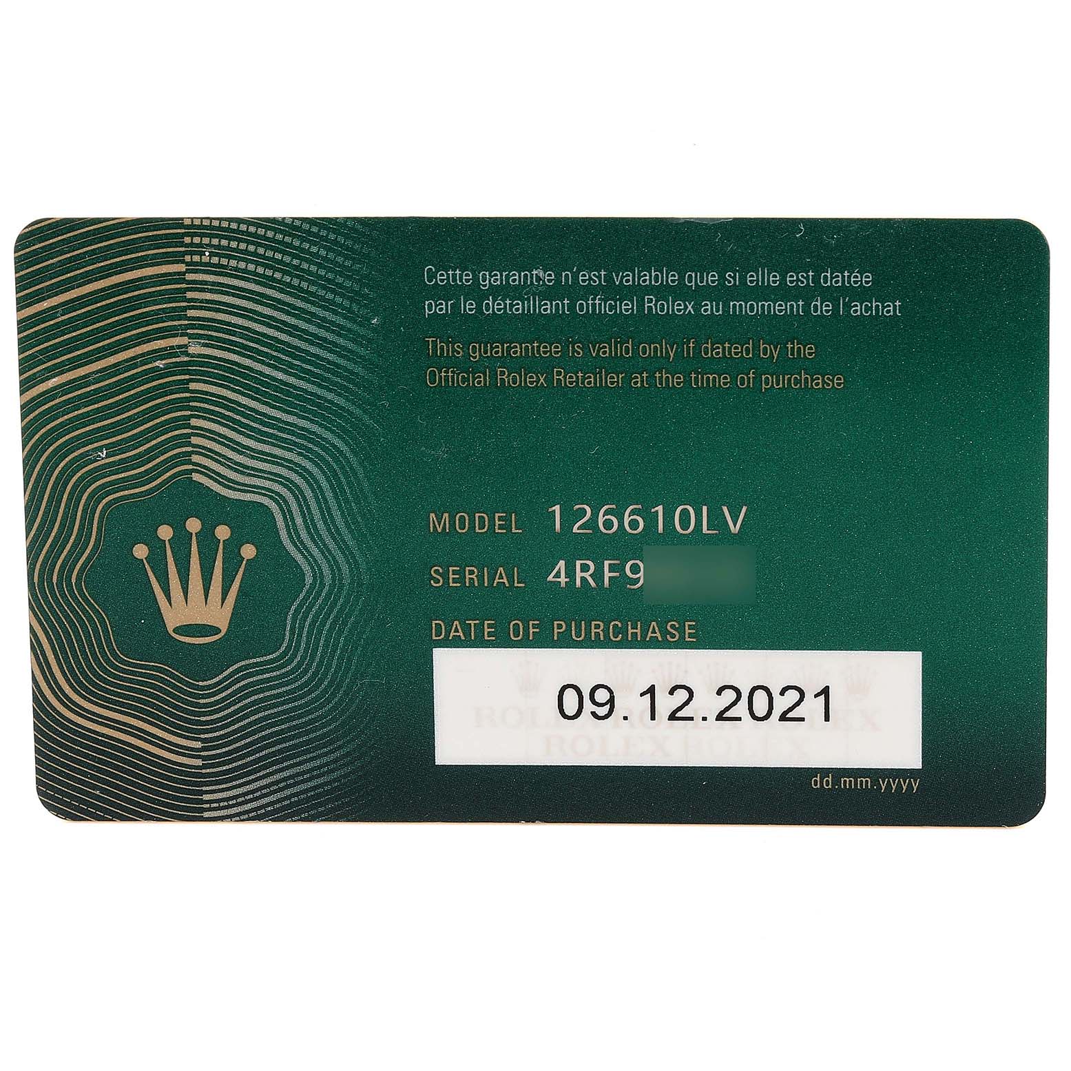 This image shows the guarantee card for a Rolex Submariner 126610LV Men
s Stainless Steel Black Dial 126610LV Men
s Stainless Steel Black Dial model 126610LV watch, including the serial number and the date of purchase.