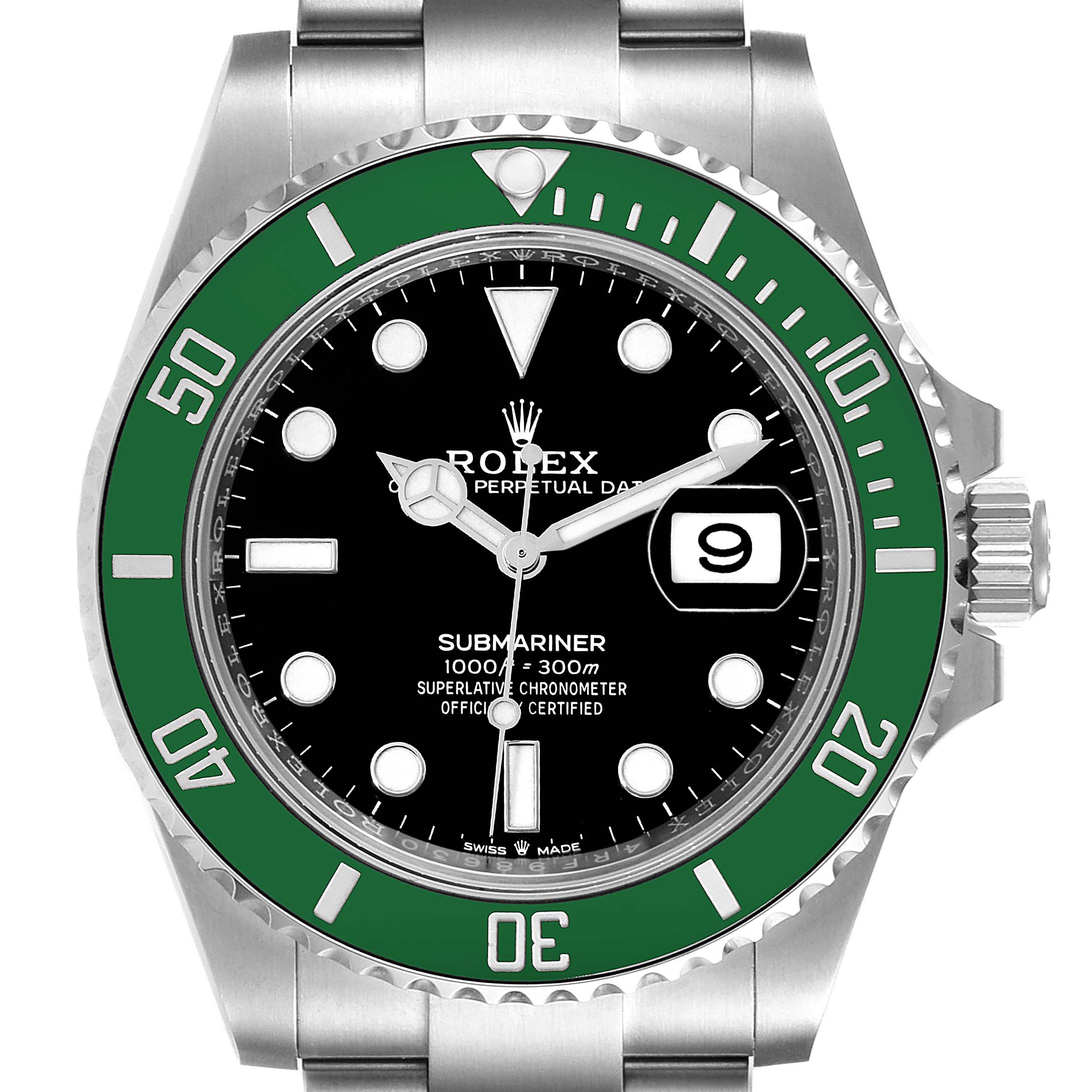 This image shows a front view of the Rolex Submariner 126610LV Men
s Stainless Steel Black Dial 126610LV Men
s Stainless Steel Black Dial watch, highlighting its green bezel, black dial, and date window.