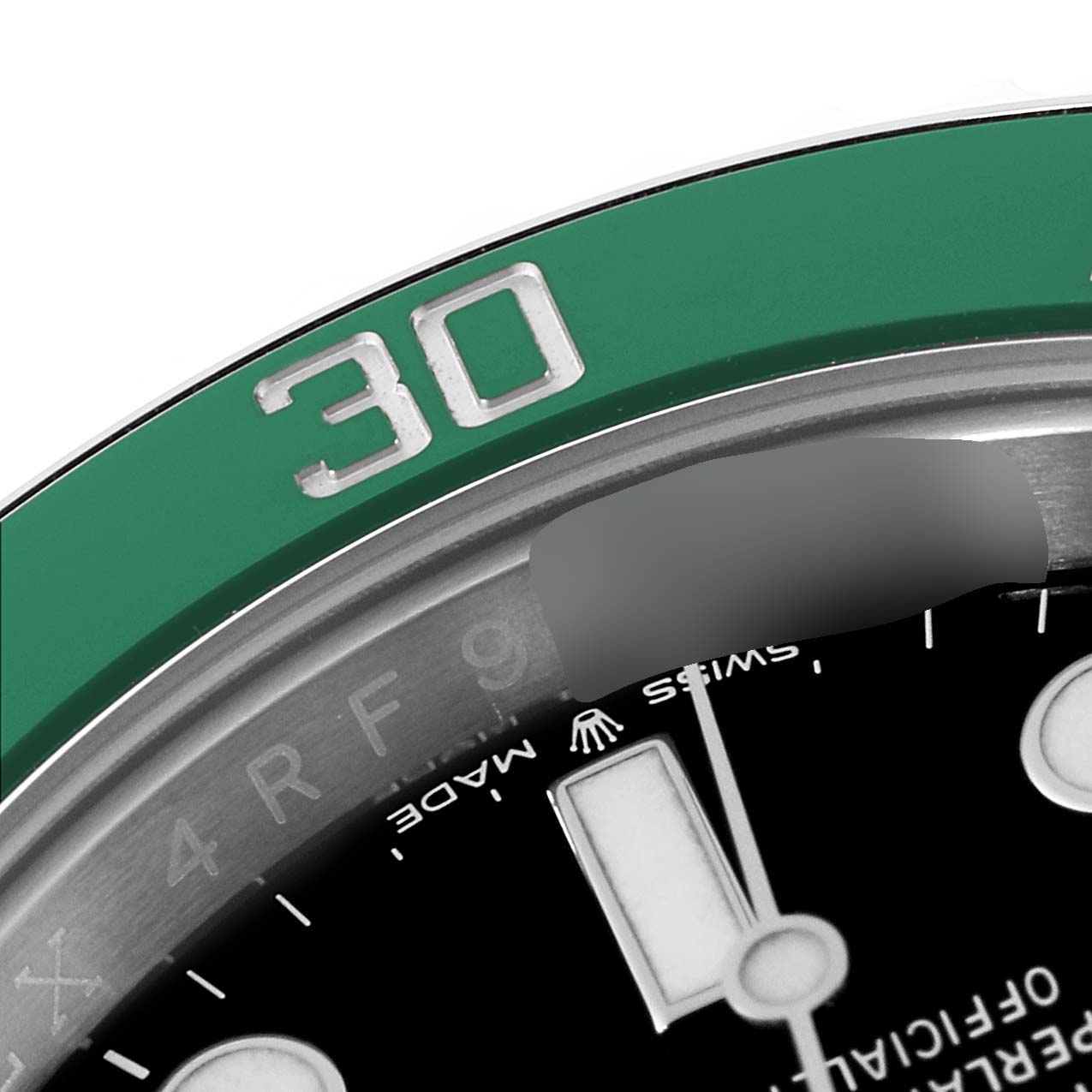 The image shows a close-up of the green bezel and part of the dial of a Rolex Submariner 126610LV Men
s Stainless Steel Black Dial 126610LV Men
s Stainless Steel Black Dial watch.