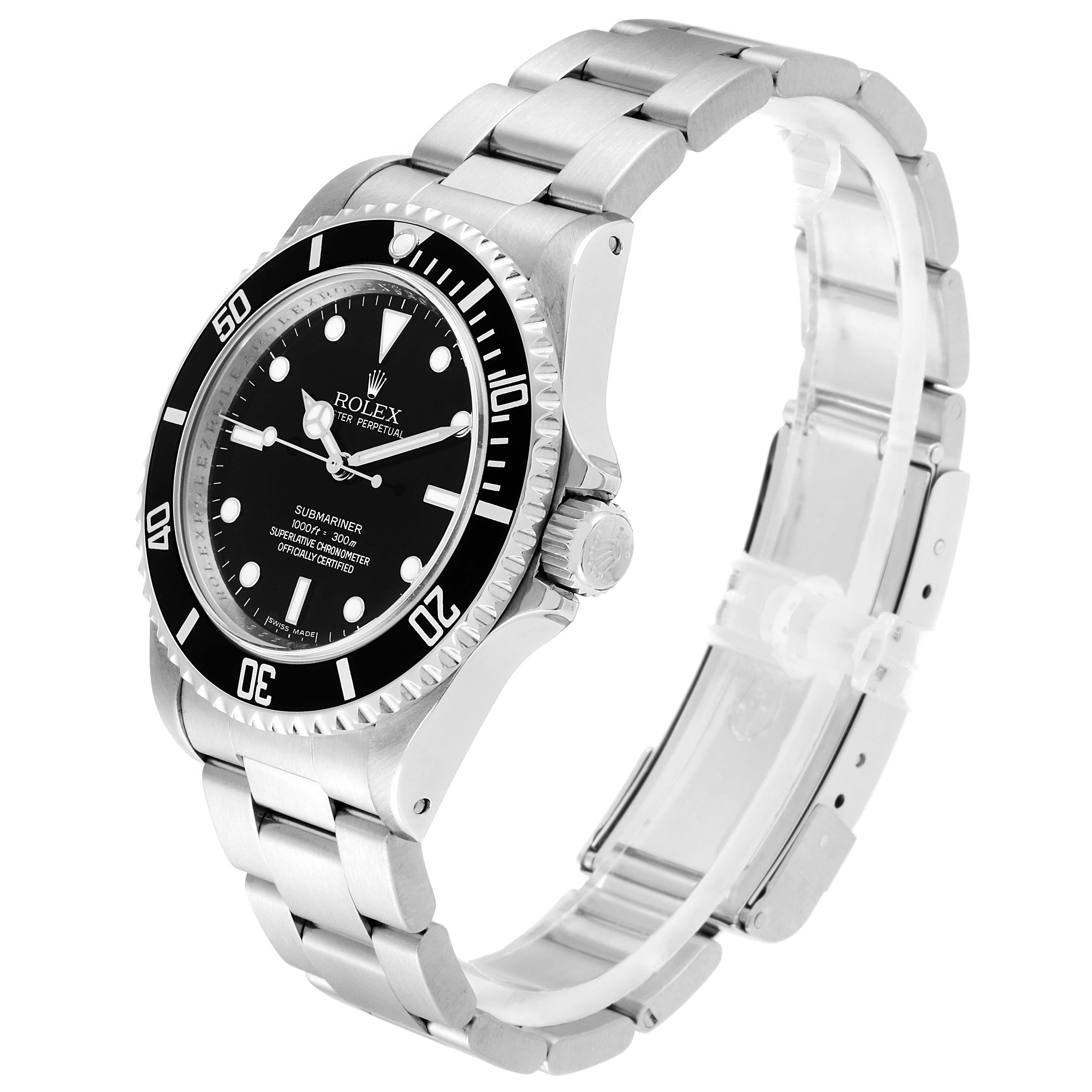 The image shows a side view of the Rolex Submariner 14060 Men's Stainless Steel Black Dial 14060 Men's Stainless Steel Black Dial watch, highlighting its dial, bezel, crown, case, and bracelet.