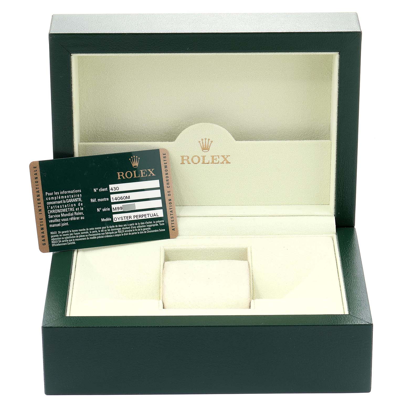 The image shows an open Rolex Submariner 14060 Men's Stainless Steel Black Dial 14060 Men's Stainless Steel Black Dial watch box with a warranty card.