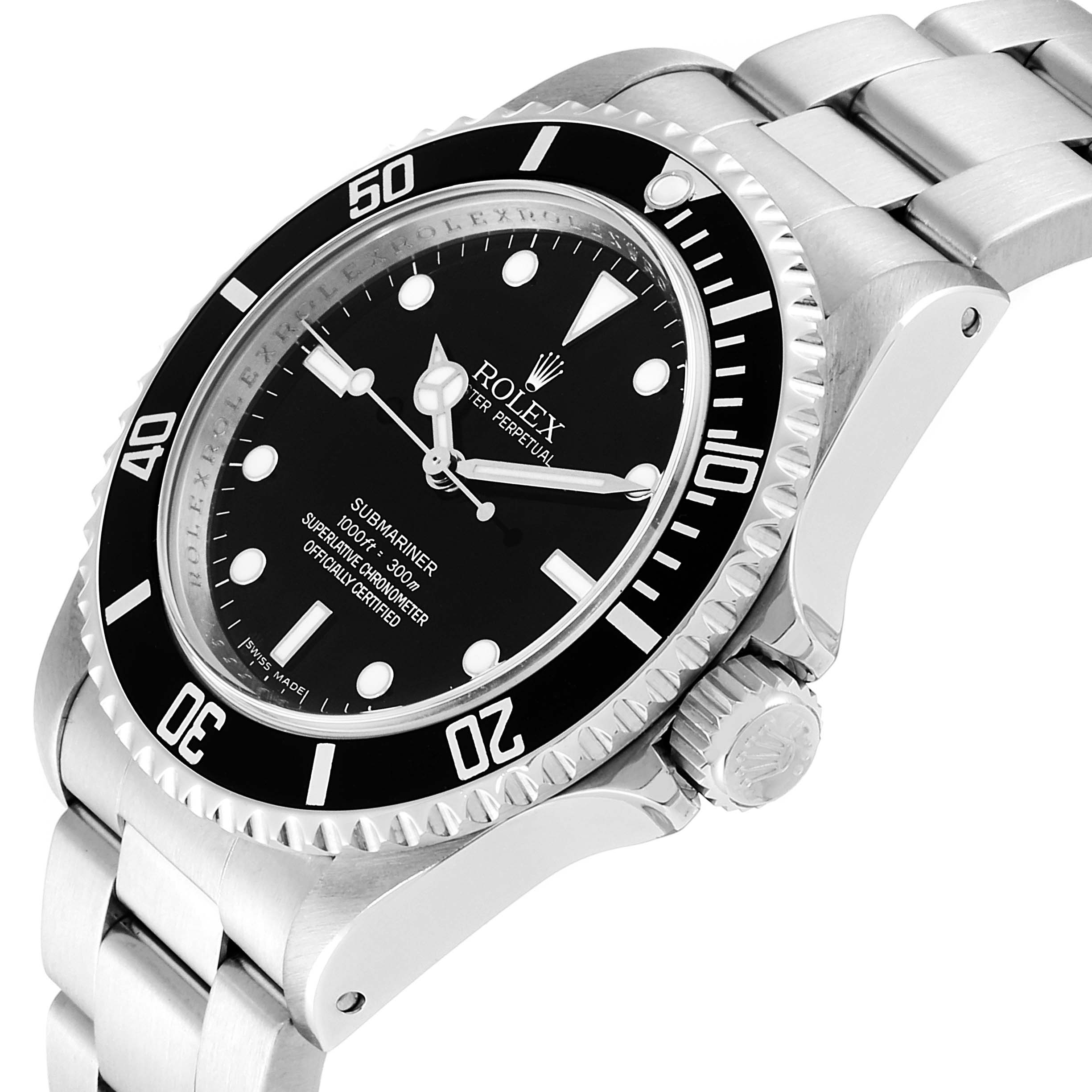 The image shows a side angle of a Rolex Submariner 14060 Men's Stainless Steel Black Dial 14060 Men's Stainless Steel Black Dial, displaying the bezel, crown, dial, and partial bracelet.